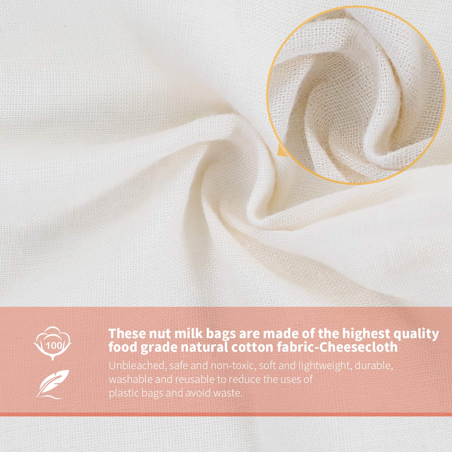Organic Nut Milk Bags & Cheesecloth Bags - 3 Pack Unbleached Cotton (8