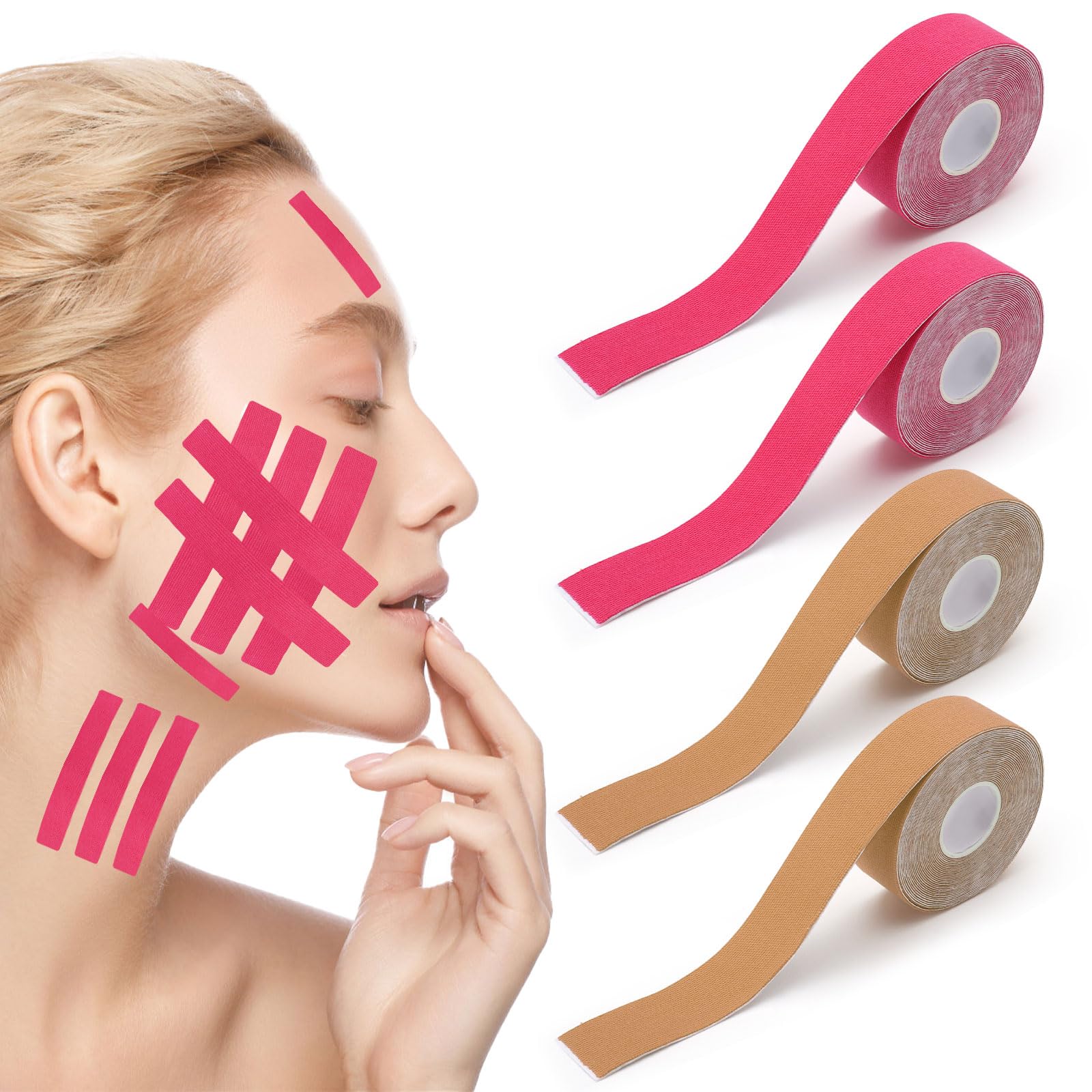 ZMDMAH 4 Rolls Face Lift Tape - Anti Wrinkle Face Patch & Kinesiology Tape for Face Wrinkles, Skin Firming & Tightening, 2.5 cm x 5 m (Pink + Skin) - Perfect for Instant Face Lift, Makeup Prep & Special Occasions