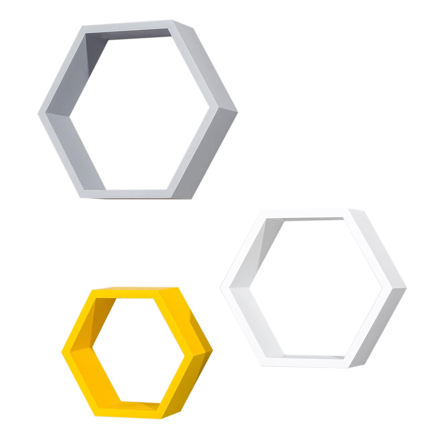 Hexagon Floating Shelves Set of 3 - White, Grey & Yellow Wooden Wall Mounted Shelves for Home Decor | Wall Organizer for Living Room, Bedroom & Office Storage
