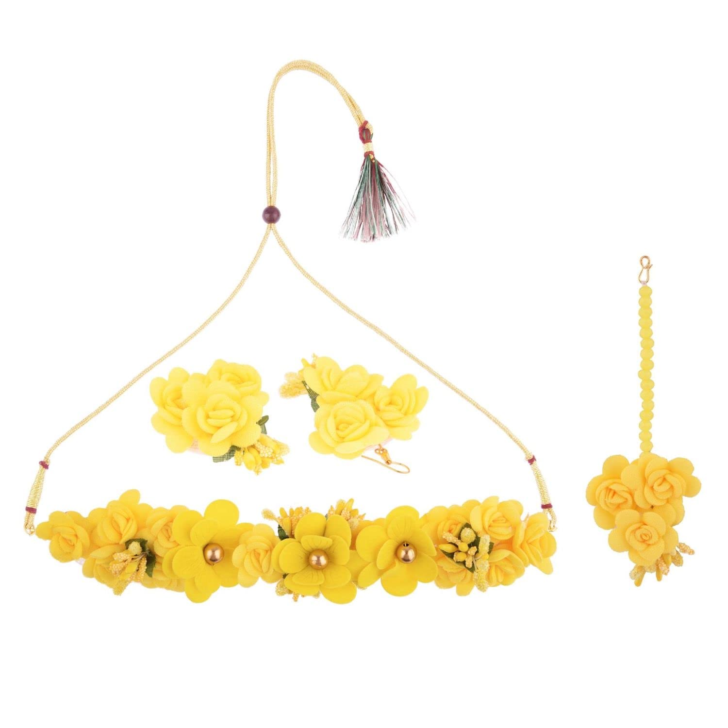 Efulgenz Handmade Indian Haldi Jewelry Set - Floral Choker Necklace, Earrings & Maang Tikka - Traditional Wedding Jewelry for Women - Perfect for Haldi, Mehendi & Bridal Ceremonies