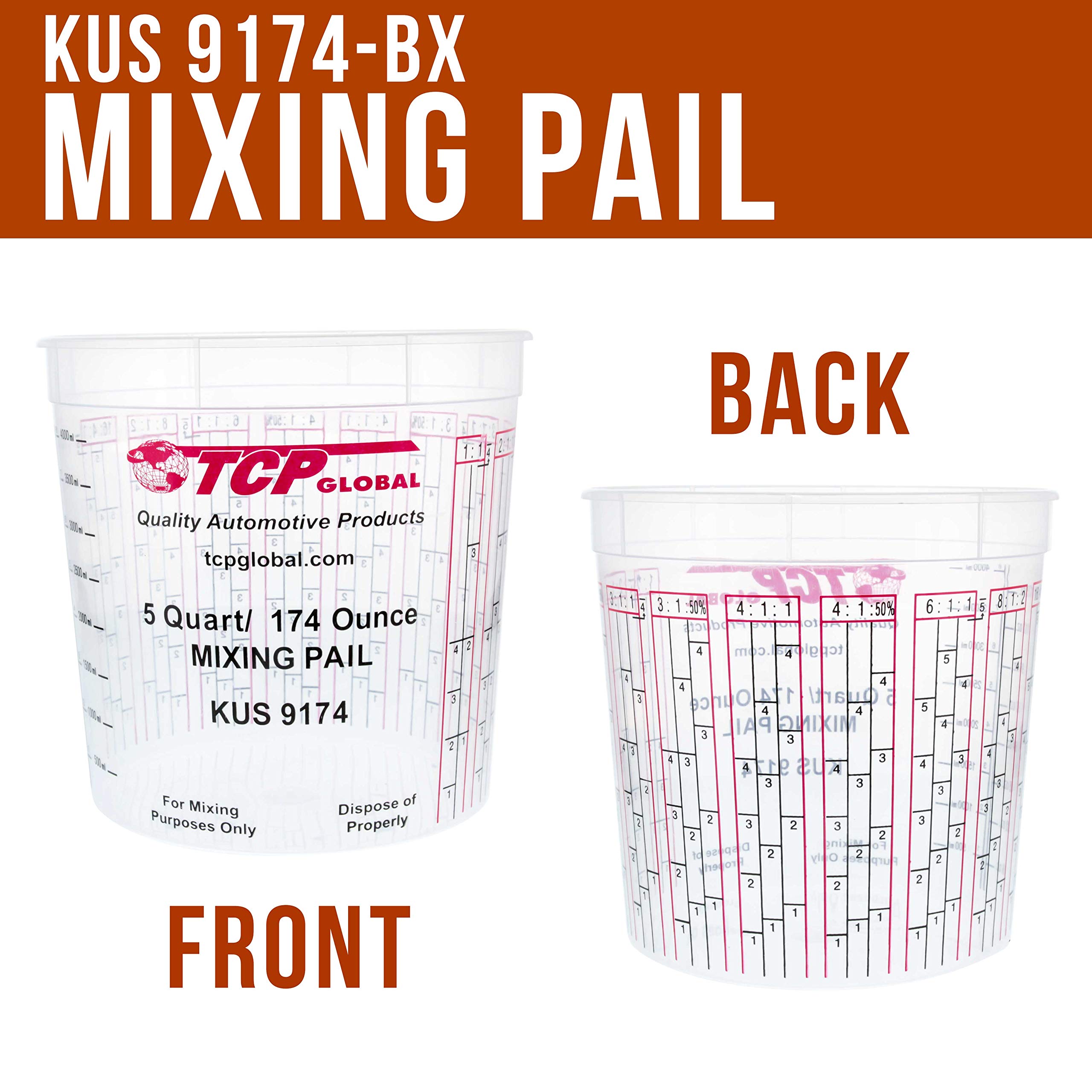 Custom Shop Paint Mixing Cups - 174oz (5-Quart) Plastic Measuring Buckets for Epoxy Resin, Automotive Painting & Crafts - Disposable/Reusable Graduated Cups with Mixing Ratios - Pack of 48 - Perfect for DIY Projects, Art Studios & Professional Auto Shops