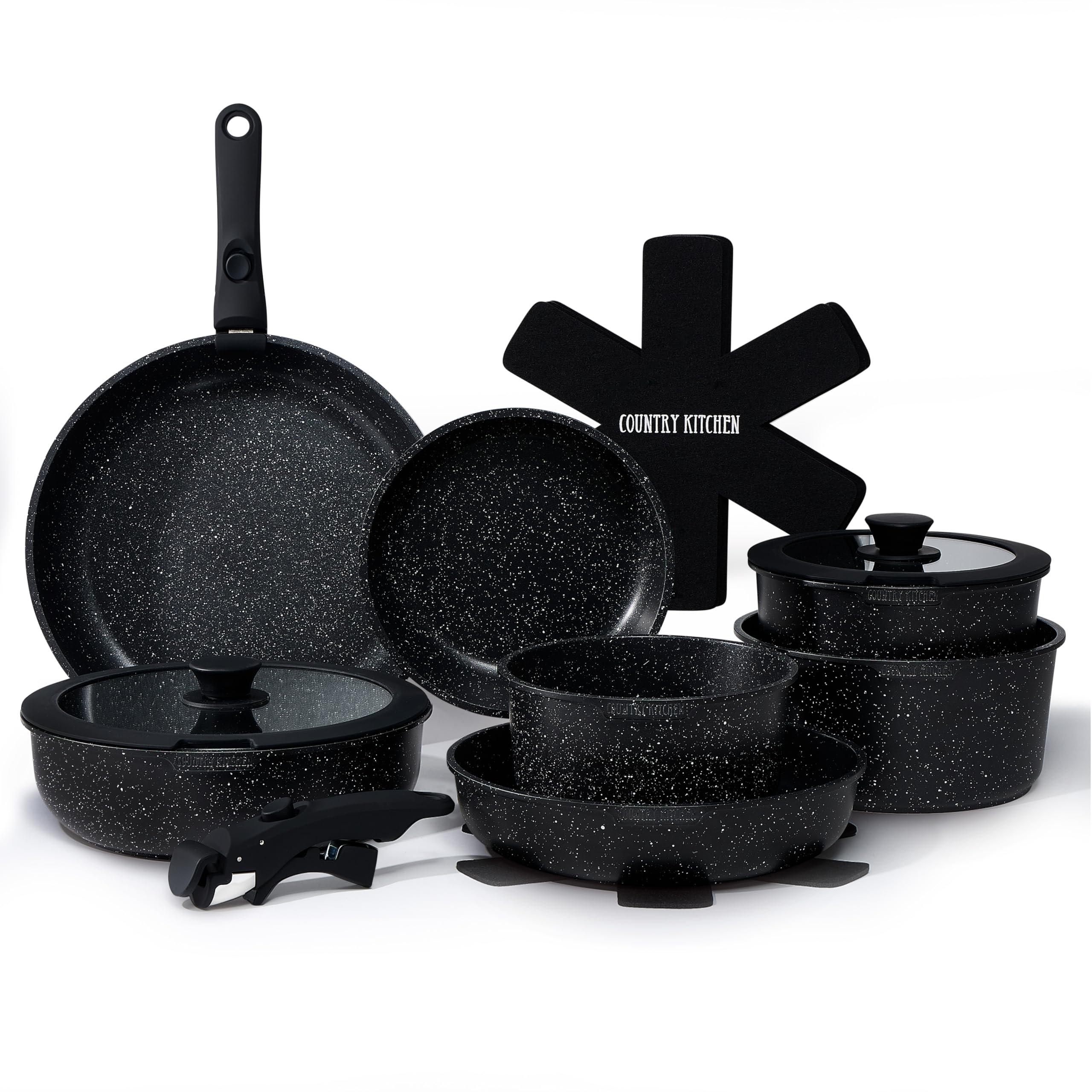 Premium Nonstick Country Kitchen Cookware Set - 12-Piece Black Pots and Pans Set with Removable Oven-Safe Handles (500°F), Dishwasher Safe for RV, Camping & Home Cooking - Perfect for Baking, Frying & Meal Prep