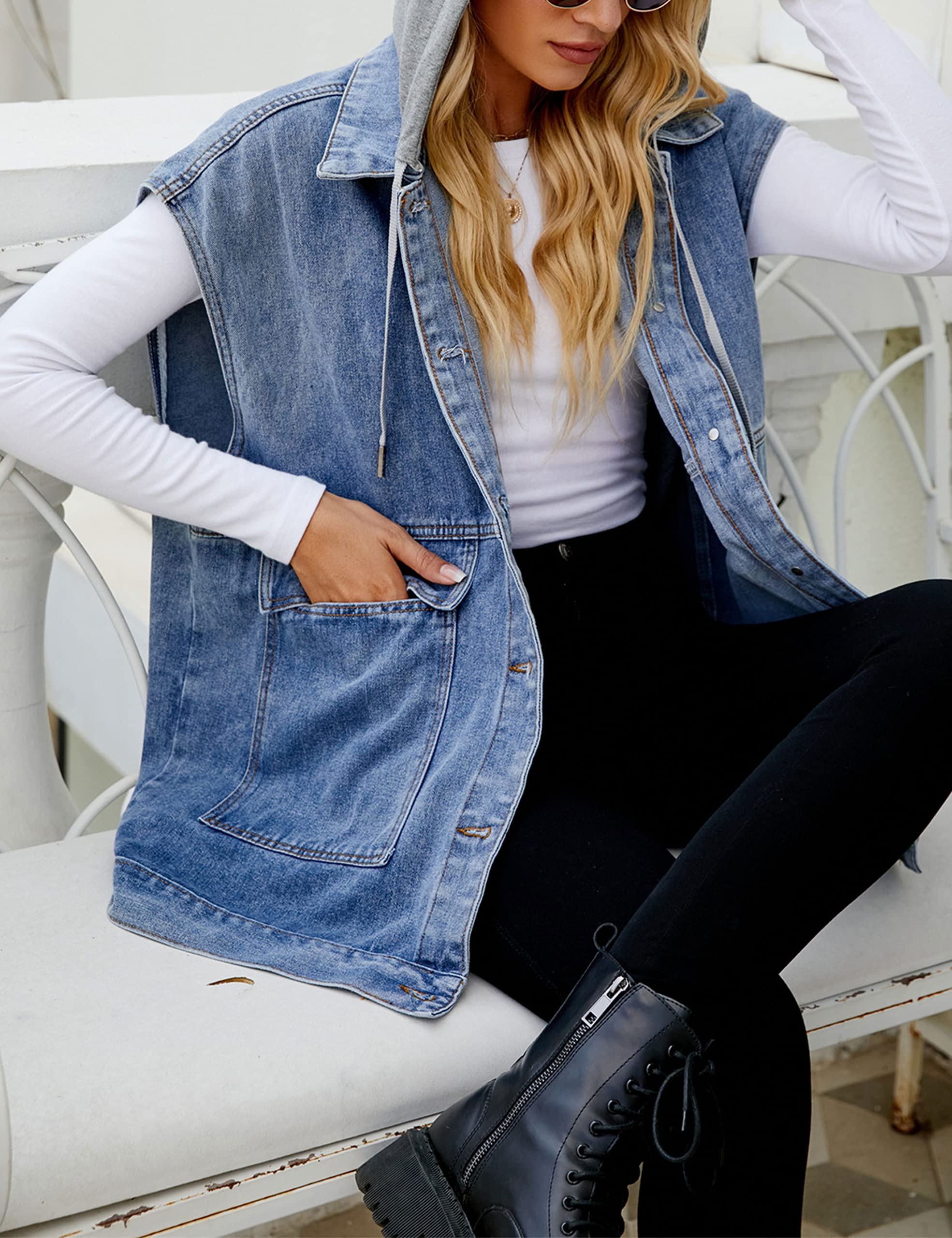 Women's Oversized Denim Vest - Sleeveless Button Down Jean Waistcoat Shacket Jacket for Casual Outfits | Perfect for Layering, Streetwear & Spring/Fall Fashion