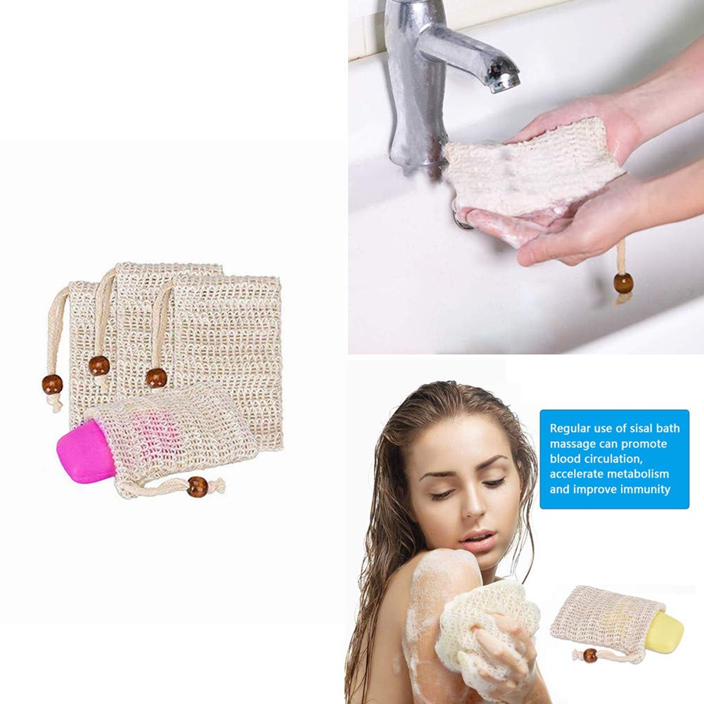 4-Pack Natural Sisal Exfoliating Loofah Soap Saver Bags with Drawstring - Handmade Mesh Soap Pouch for Shower, Bath & Body Wash - Perfect for Eco-Friendly Skincare & Travel Toiletries
