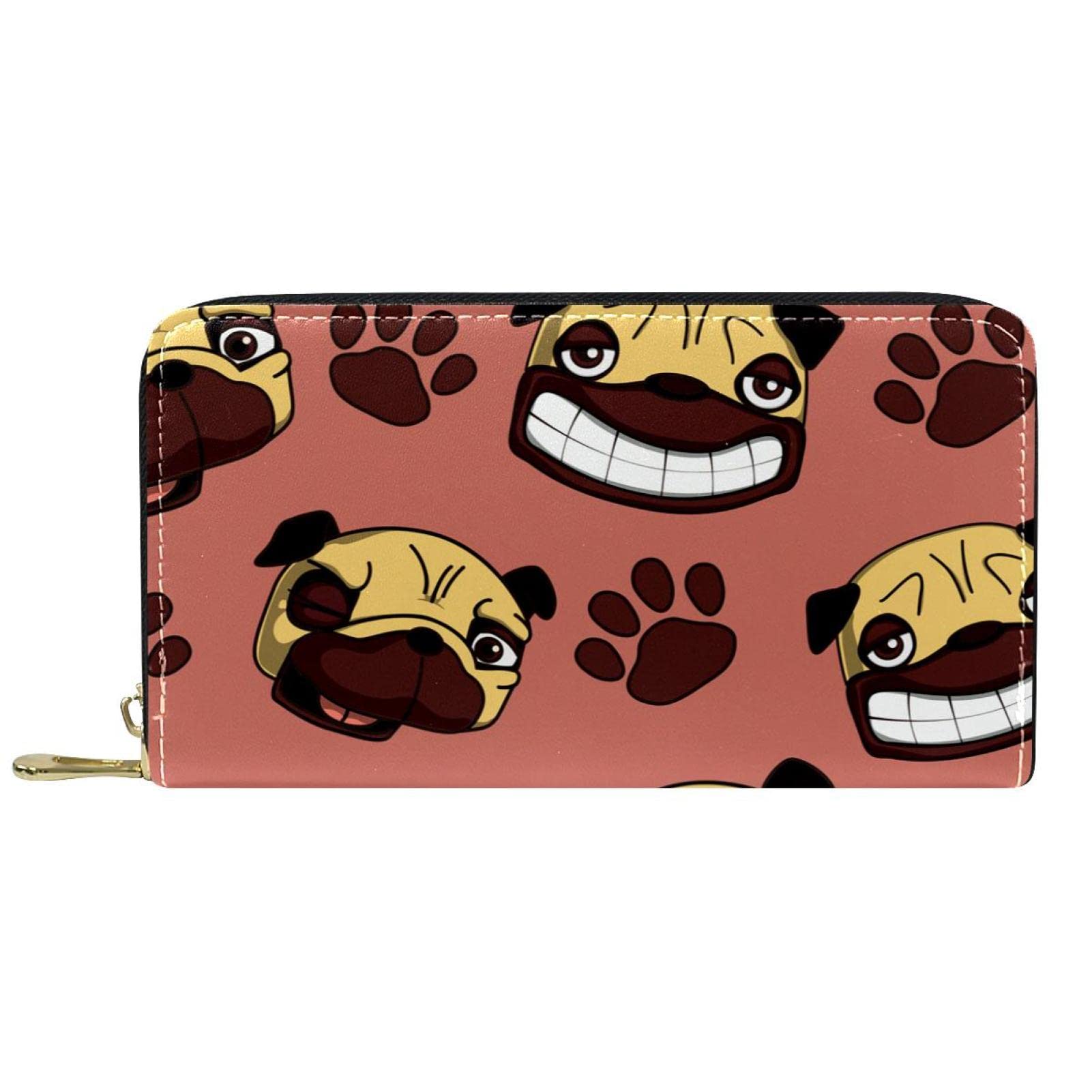 Vintage Leather Wallet for Women & Men - Long Bifold Clutch with Coin Purse, Card Slots & Pug Dog Print - Perfect for Travel, Everyday Use & Gift Giving