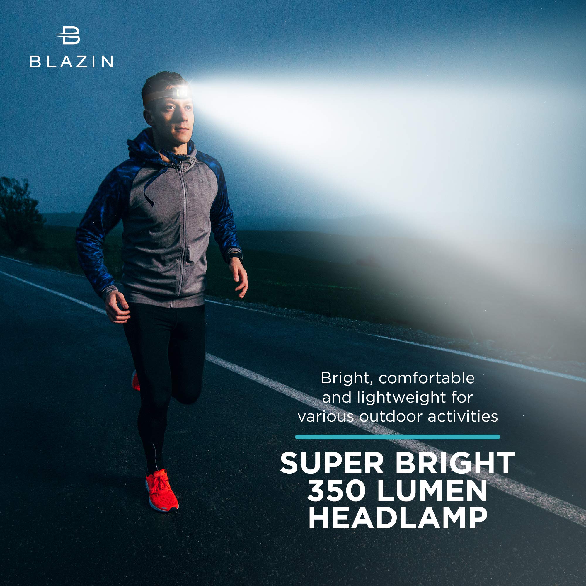 Blazin LED Rechargeable Headlamp - Super Bright Waterproof Headlight with Spotlight & Floodlight Modes - Adjustable Comfort Headband for Adults & Kids - Perfect for Running, Hiking, Camping, Fishing, Night Work, Emergency Lighting & Outdoor Adventures