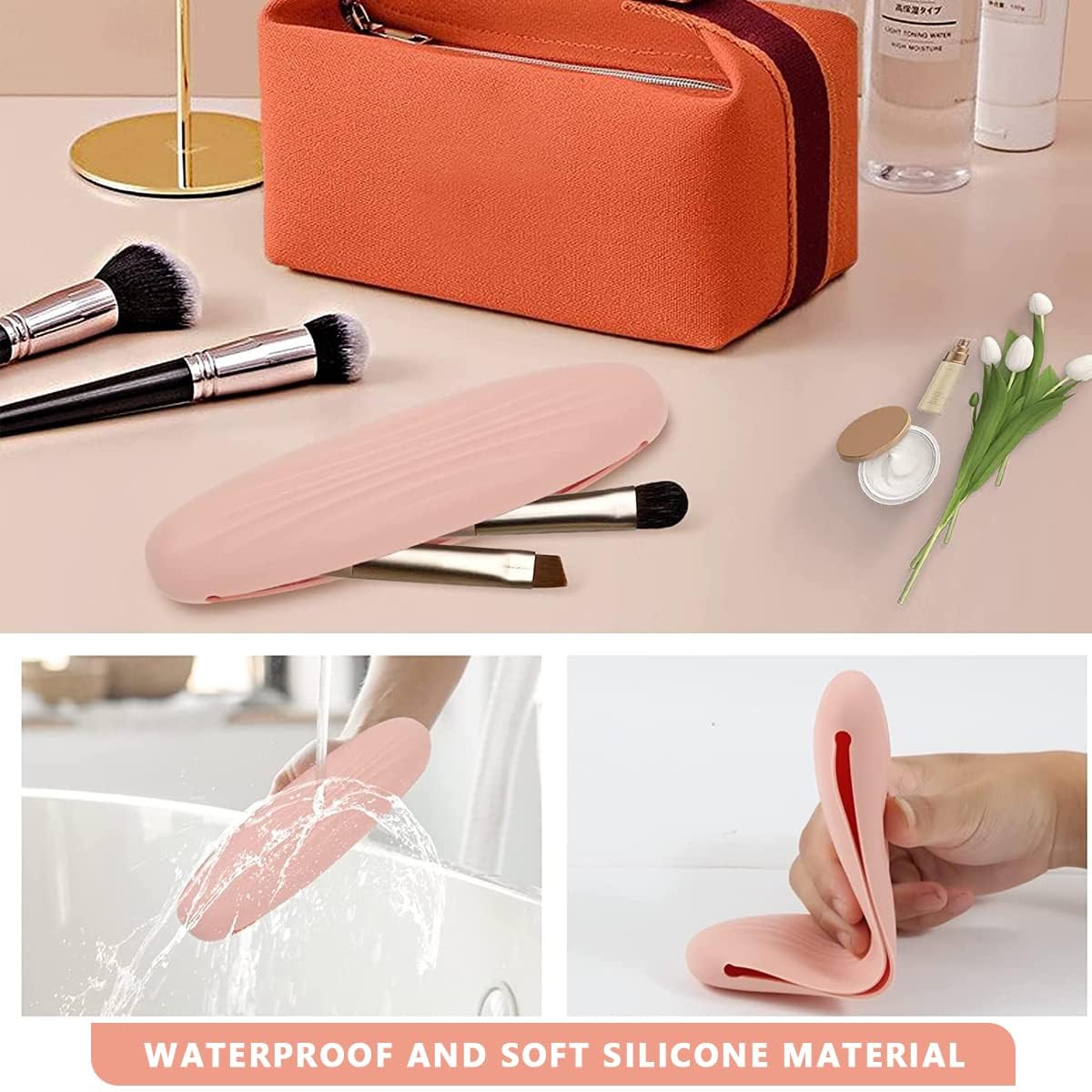 SHUBHPETAL Silicone Makeup Brush Holder Travel Organizer - Portable Soft Cosmetic Face Brushes Pouch for On-the-Go Beauty (Pink) | Perfect for Travel, Gym & Daily Makeup Storage