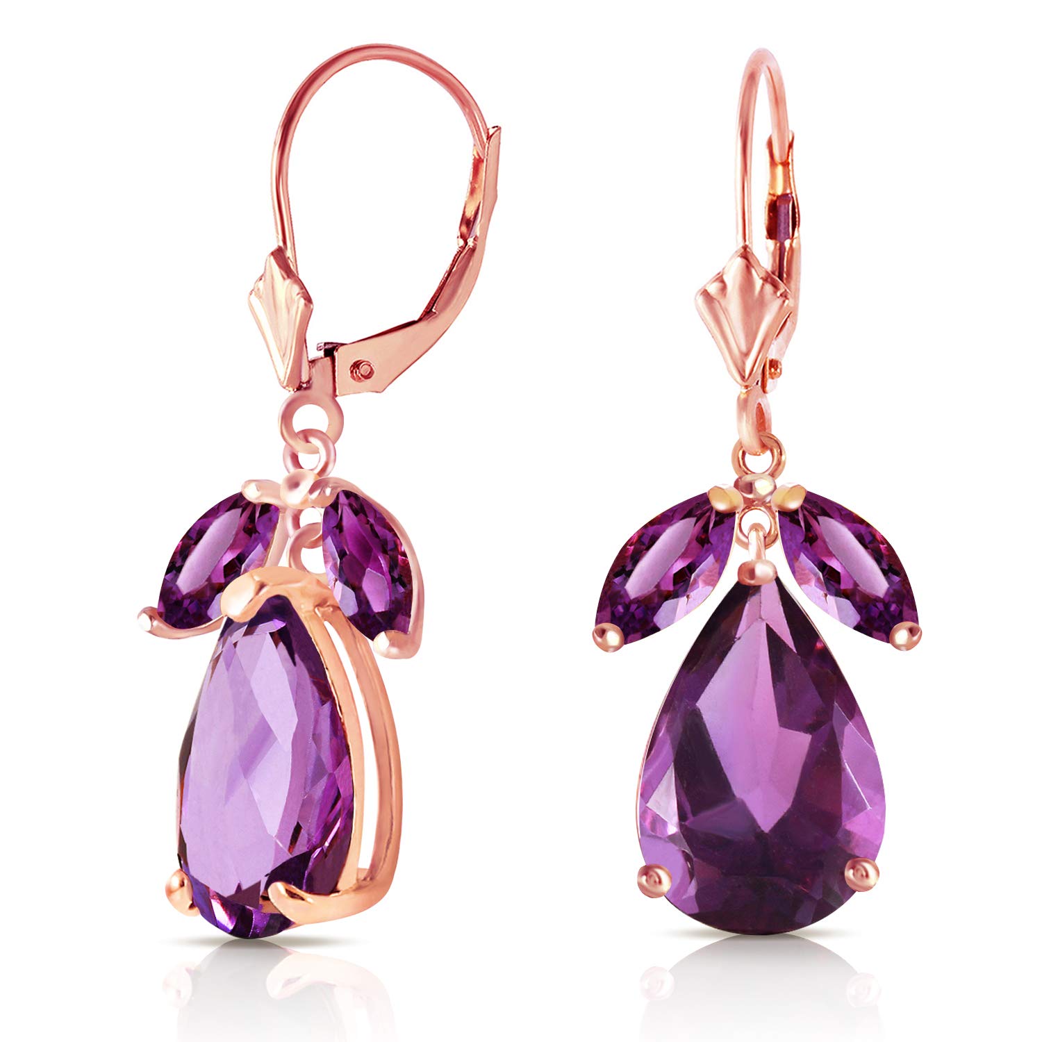 14K Rose Gold Leverback Earrings with Natural Amethyst Gemstones - Elegant Dangle Earrings for Women, Perfect for Weddings, Parties & Special Occasions