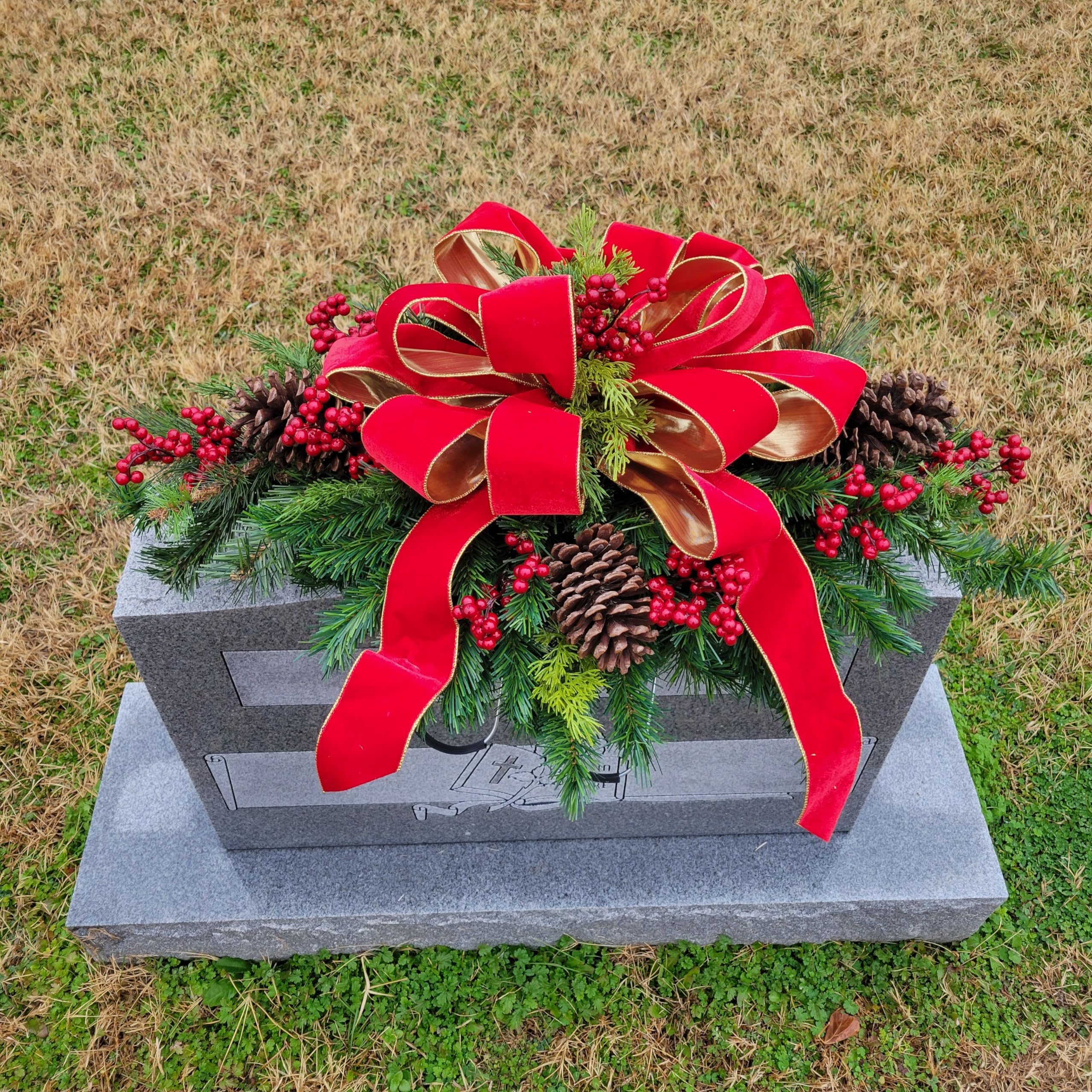 Christmas Memorial Headstone Saddle with Red Berries, Pinecones & Velvet Ribbon - Artificial Grave Flowers for Cemetery Decor - Holiday Grave Marker Decoration for Loved Ones