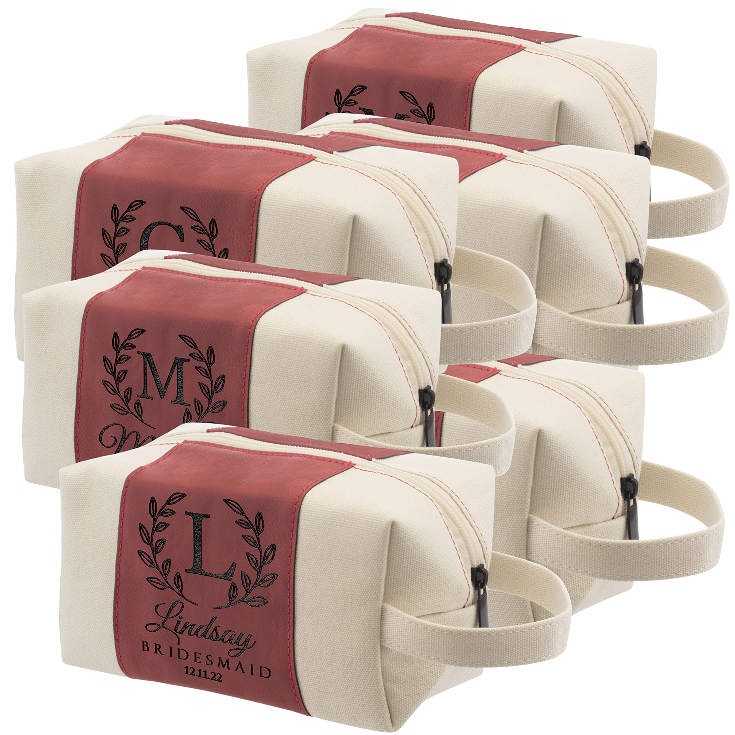 Personalized Bridesmaid Gifts Set of 6 - Custom Toiletry Bags for Women with Name, Title & Date - 3 Designs & 4 Colors - Perfect for Bridesmaid Proposals, Bridal Showers & Bachelorette Parties (Burgundy)