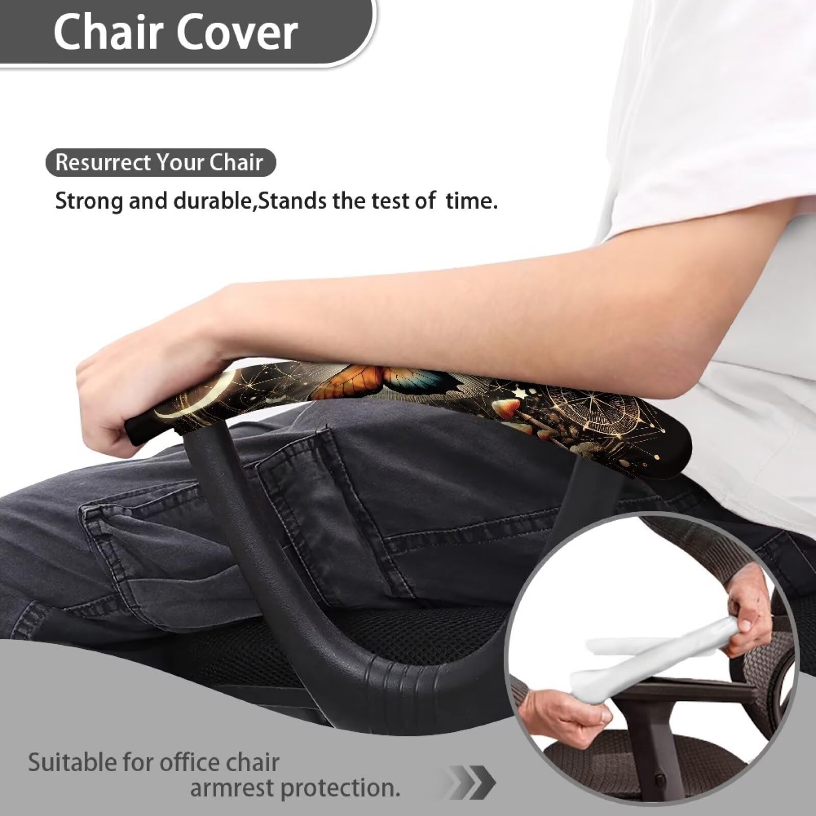 Butterfly Moon Print Office Chair Armrest Covers - Stretchy Soft Set of 2, Washable & Removable Arm Protectors for Computer Desk Chairs - Perfect for Home Office, Gaming & Workspace Comfort