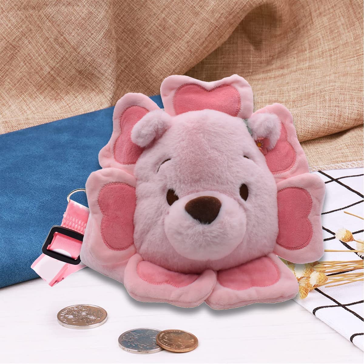 APDDHJ Kawaii Pink Flower Bear Plush Shoulder Bag - Fluffy Zip Tote & Crossbody Messenger Handbag for Girls | Cute Birthday Gift for Kids, Perfect for School, Travel & Daily Use