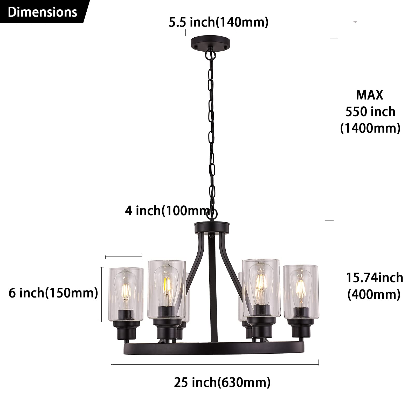 Farmhouse Black 6-Light Chandelier with Glass Shade - Rustic Dining Room Lighting Fixture for Kitchen Island, Living Room & Bedroom | Perfect for Country-Style Home Decor and Cozy Ambiance