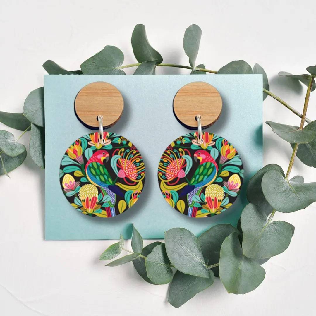 Handmade Australian Rosella Parrot Wooden Earrings - Unique Boho Bird Jewelry for Women - Perfect for Festivals, Parties & Nature Lovers