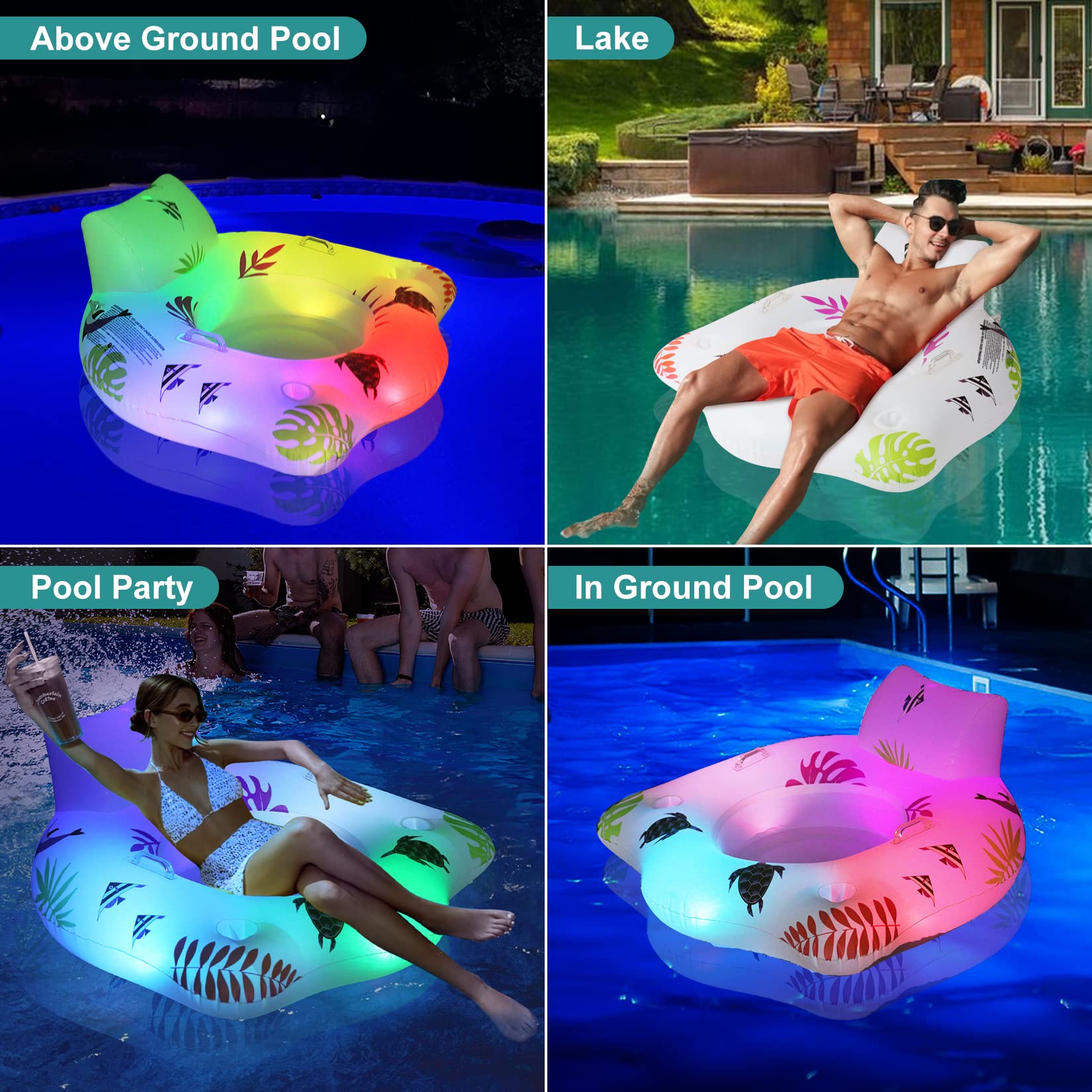 Solar Powered Inflatable Pool Floats Chair with Color Changing LED Lights - 2 Cup Holders & Armrests for Adults - Beach Float, Pool Sofa, Lounge Raft - Perfect for Summer Relaxation by Pool, Lake or Beach Parties