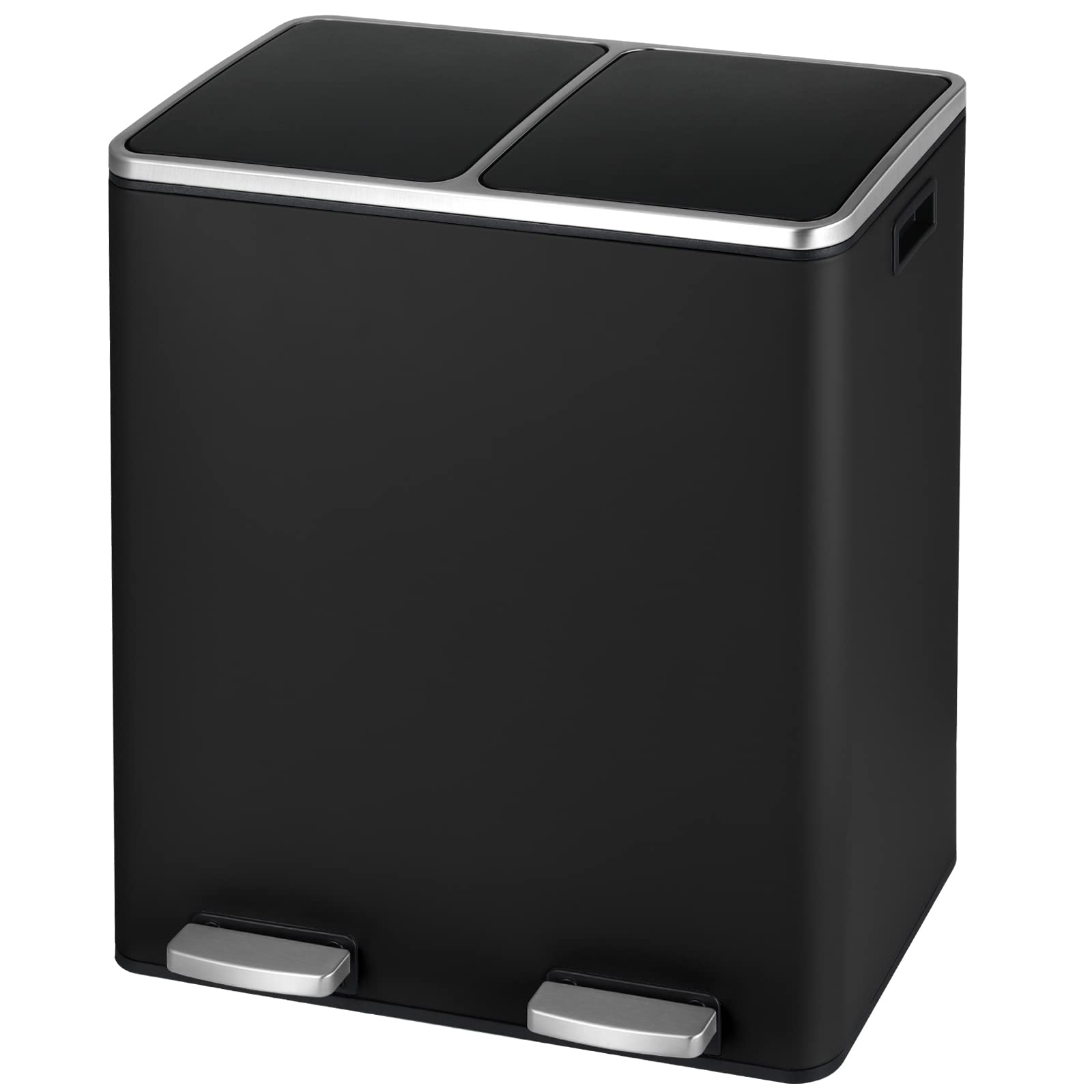 16 Gallon Stainless Steel Trash Can with Dual Compartment - 60L Metal Kitchen Step Recycle Bin, Double Dustbin for Home Use - Includes Removable Liner Buckets (Black) - Perfect for Kitchen Waste Sorting & Recycling