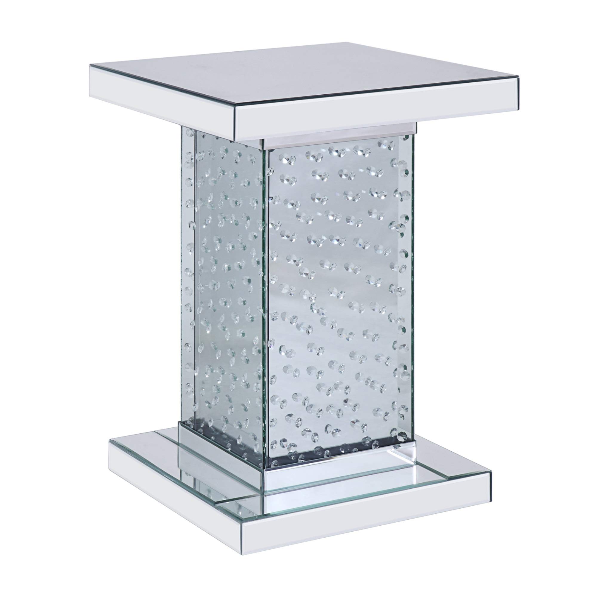 Benjara Wood and Mirror End Table with Faux Crystal Inlays - Clear Glass Accent Table for Living Room, Bedroom & Entryway Decor