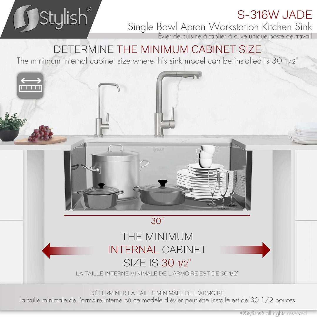 Stylish 30-Inch JADE S 316L Farmhouse Single Bowl Stainless Steel Apron Kitchen Sink with Accessories - Perfect for Modern Farmhouse & Rustic Style Kitchens