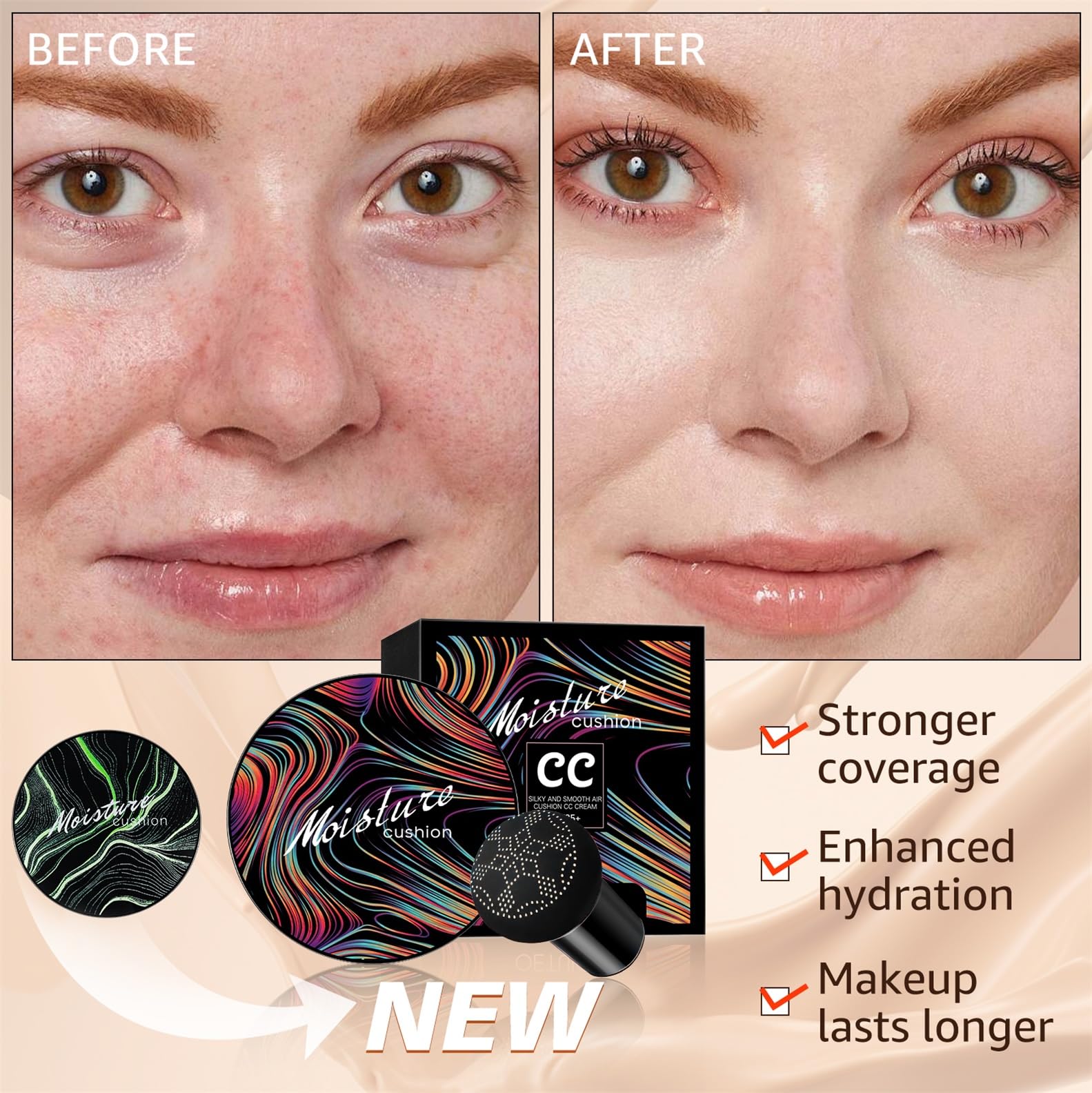 Mushroom Head Air Cushion CC Cream - Long Lasting Matte Concealer & Bright Makeup Base with Collagen | Moisturizing BB Cream Liquid Foundation (3.21oz, Natural) - Perfect for Daily Wear, Photo Shoots & Special Occasions