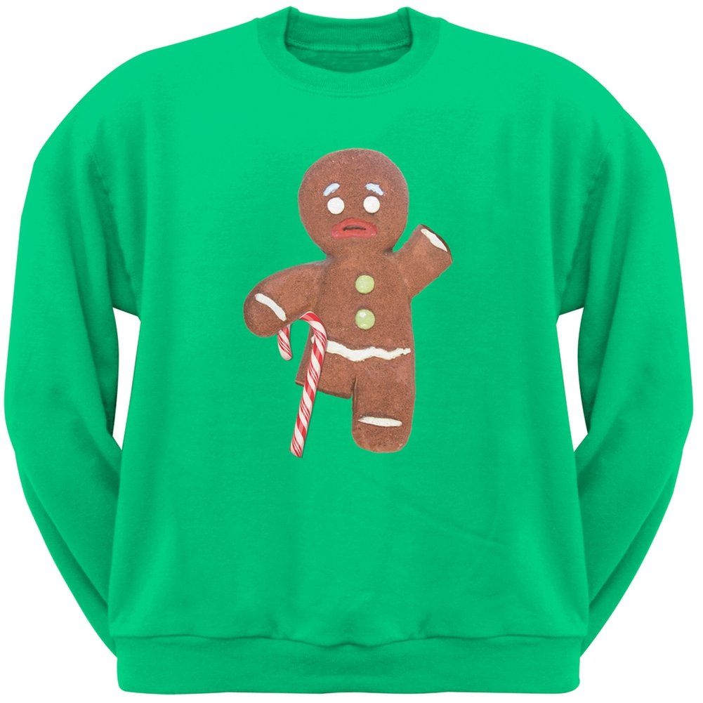 Old Glory Gingerbread Man with Candy Cane Crutch Green Crewneck Sweatshirt - X-Large - Christmas Holiday Party Outfit & Cozy Winter Wear