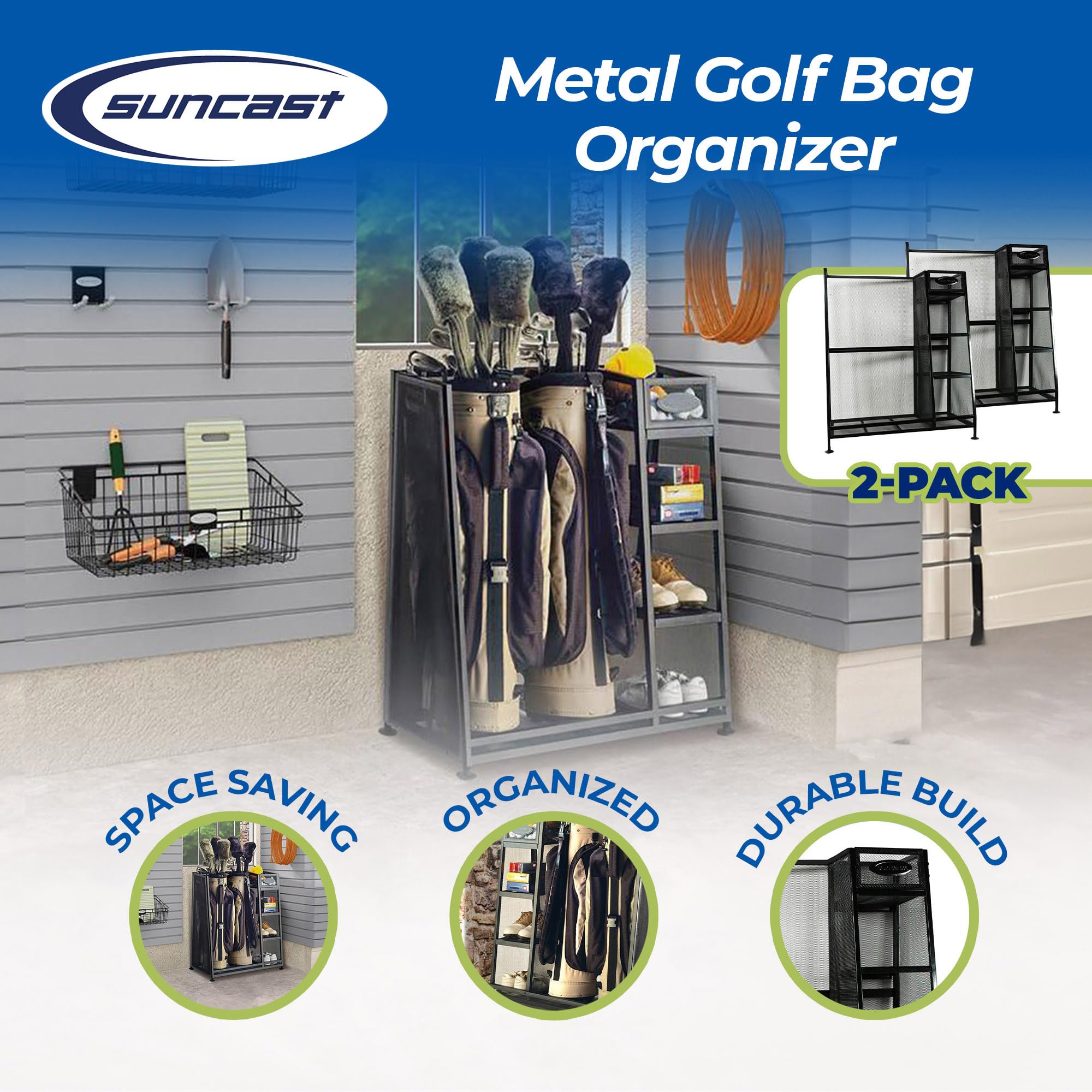 Suncast 2-Pack Garage Golf Bag Shelf Organizer with Adjustable Leveling Feet & 5-Inch Storage Bin - Perfect for Golf Clubs, Balls & Accessories - Ideal for Garage, Basement & Home Organization