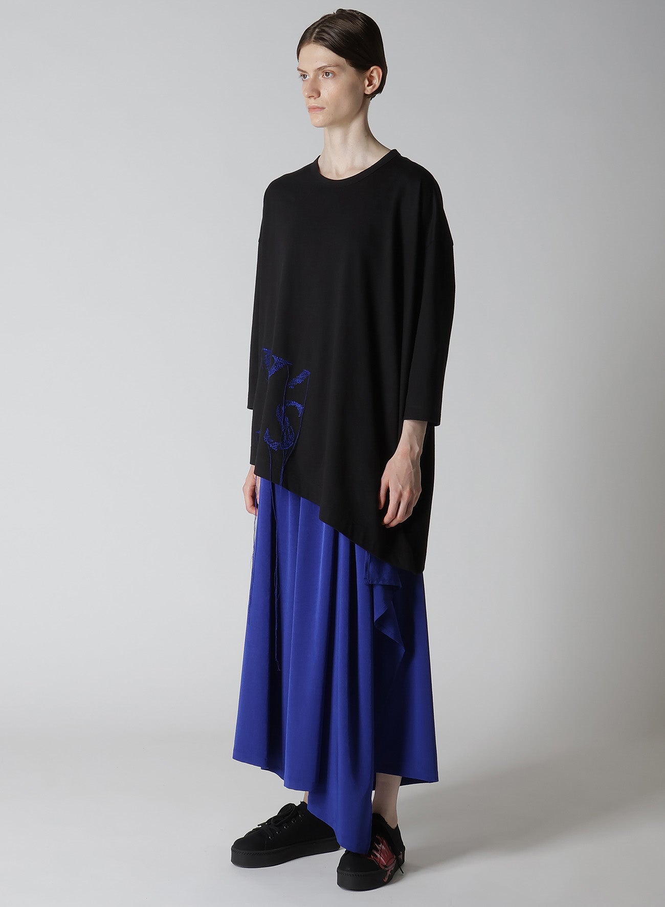 Y's Logo Stitch Asymmetric Drape Cotton Jersey T-Shirt - Casual Wear for Women, Street Style Fashion, Everyday Comfort