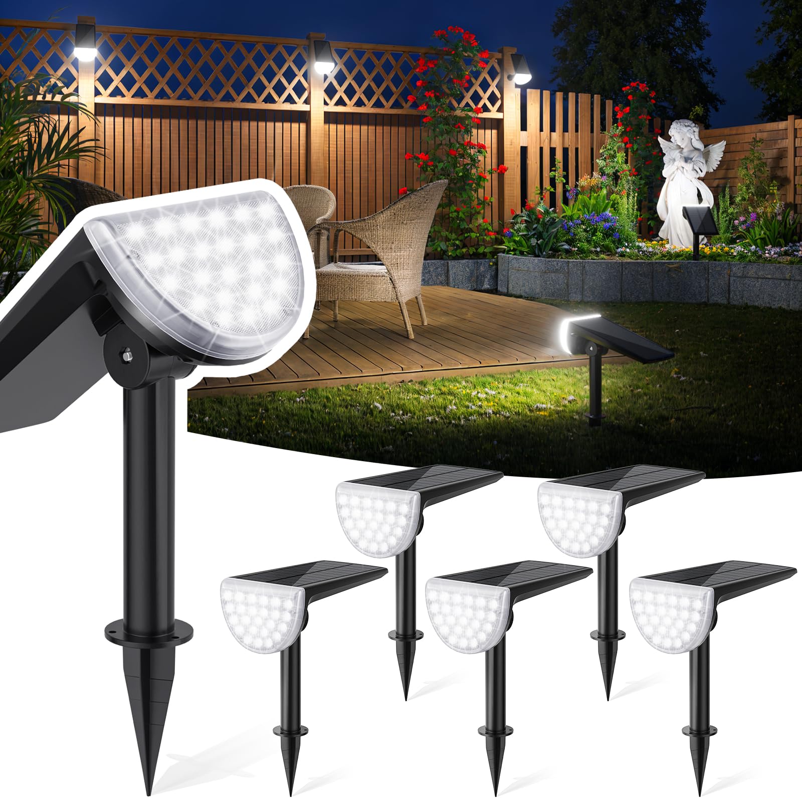 6-Pack JSOT Solar Powered Spotlights Outdoor Waterproof - 600LM Bright Solar Flood Lights for Garden, Yard, Path, Fence & Landscape Lighting (Cool White) - Perfect for Illuminating House Exteriors, Flags & Outdoor Decor at Night