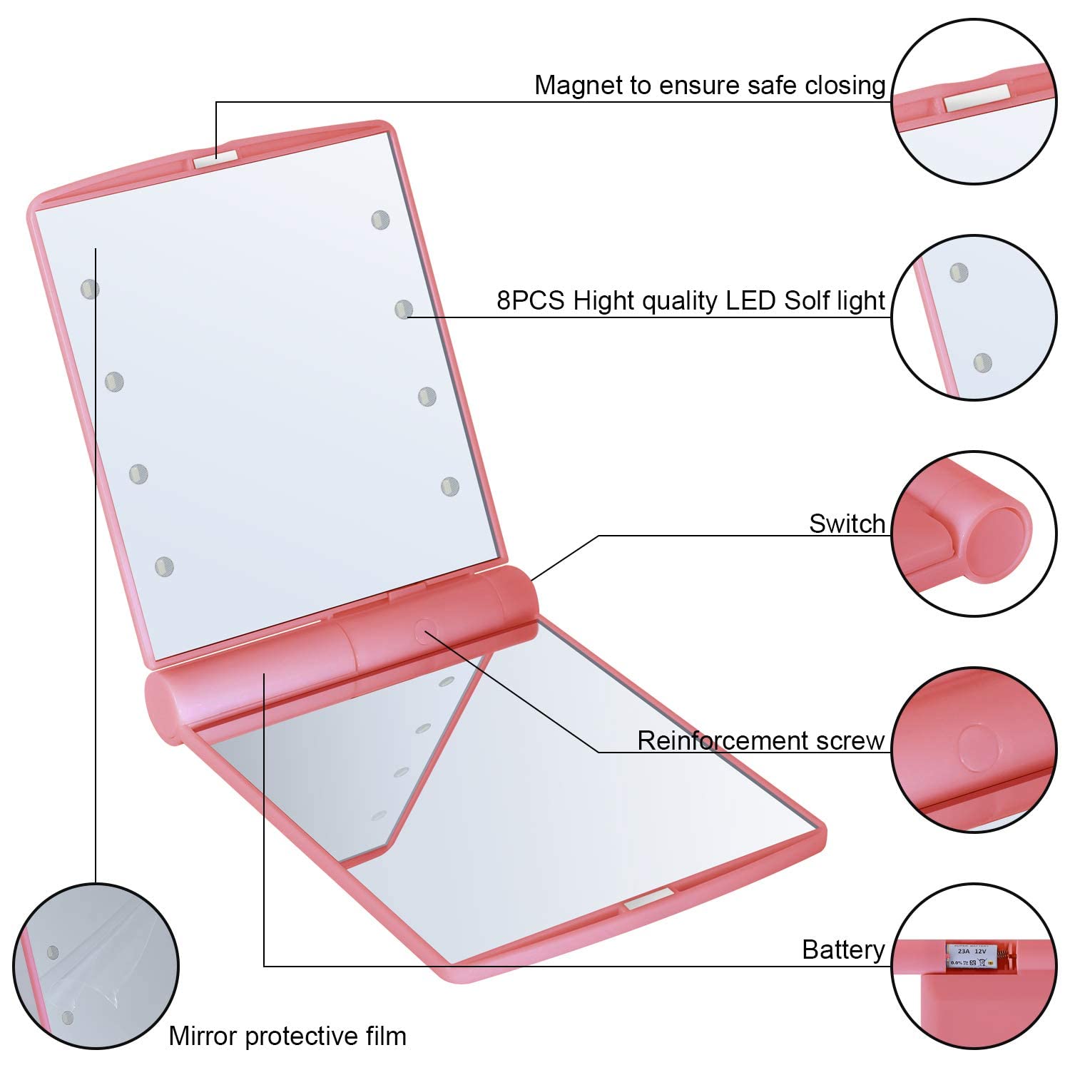8 LED Travel Makeup Mirror - Compact Folding & Portable for Women (Pink) - Perfect for Travel & Touch-ups