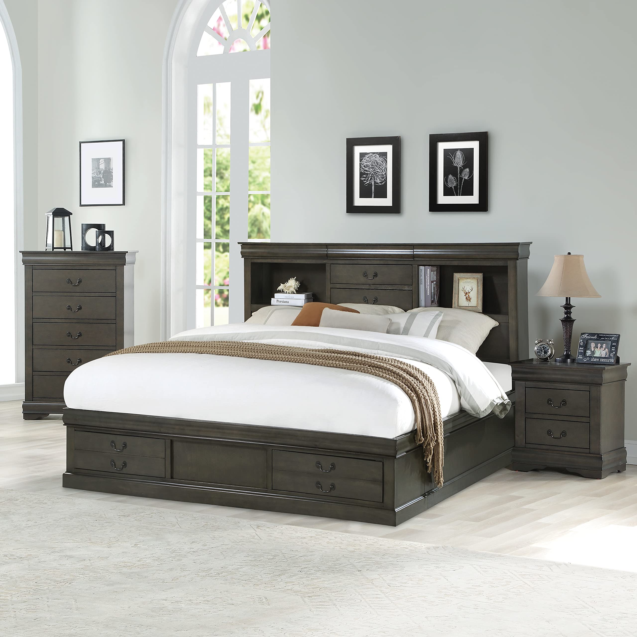 HABITRIO Solid Wood Queen Bed Frame with Storage - Headboard with 3 Hidden Drawers & 2 Bookshelves, Footboard with 2 Storage Drawers - No Box Spring Needed, Dark Gray - Perfect for Small Bedrooms & Guest Rooms with Extra Storage Needs