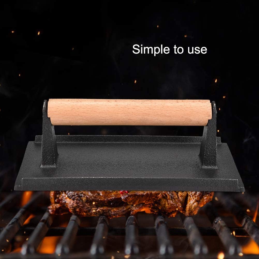Heavy-Duty Cast Iron Grill Press - 8.1 x 4.1 x 2.8 Inch Non-Stick Steak & Bacon Press with Wooden Handle - Perfect for Hamburgers, Sandwiches & BBQ - Ideal for Grilling, Panini Pressing & Patty Making