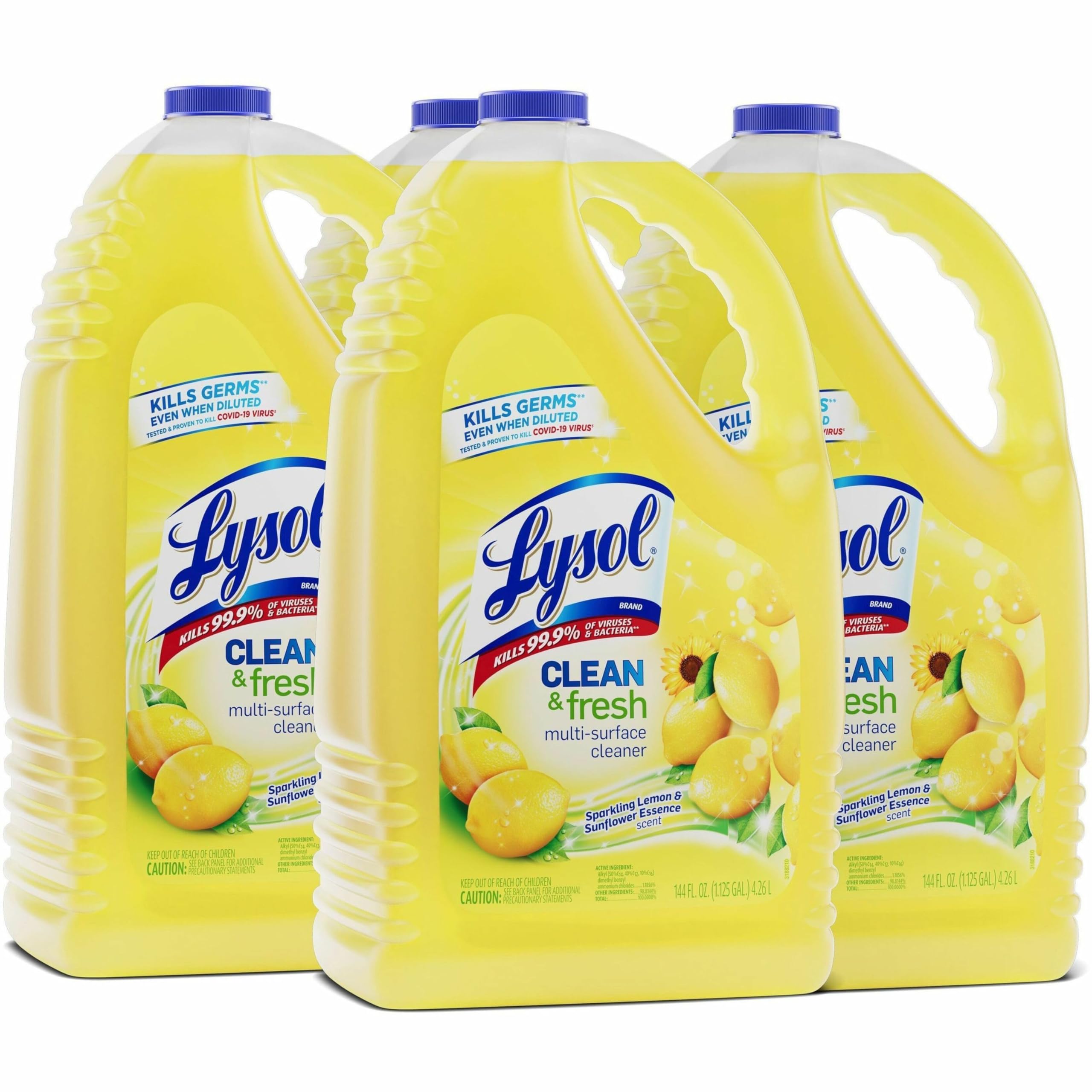 Lysol Multi-Surface Cleaner & Disinfectant - Sparkling Lemon & Sunflower Scent, 144 Fl Oz (4-Pack) | Kills 99.9% of Germs | Sanitizes & Deodorizes | Ideal for Kitchens, Bathrooms & High-Touch Surfaces