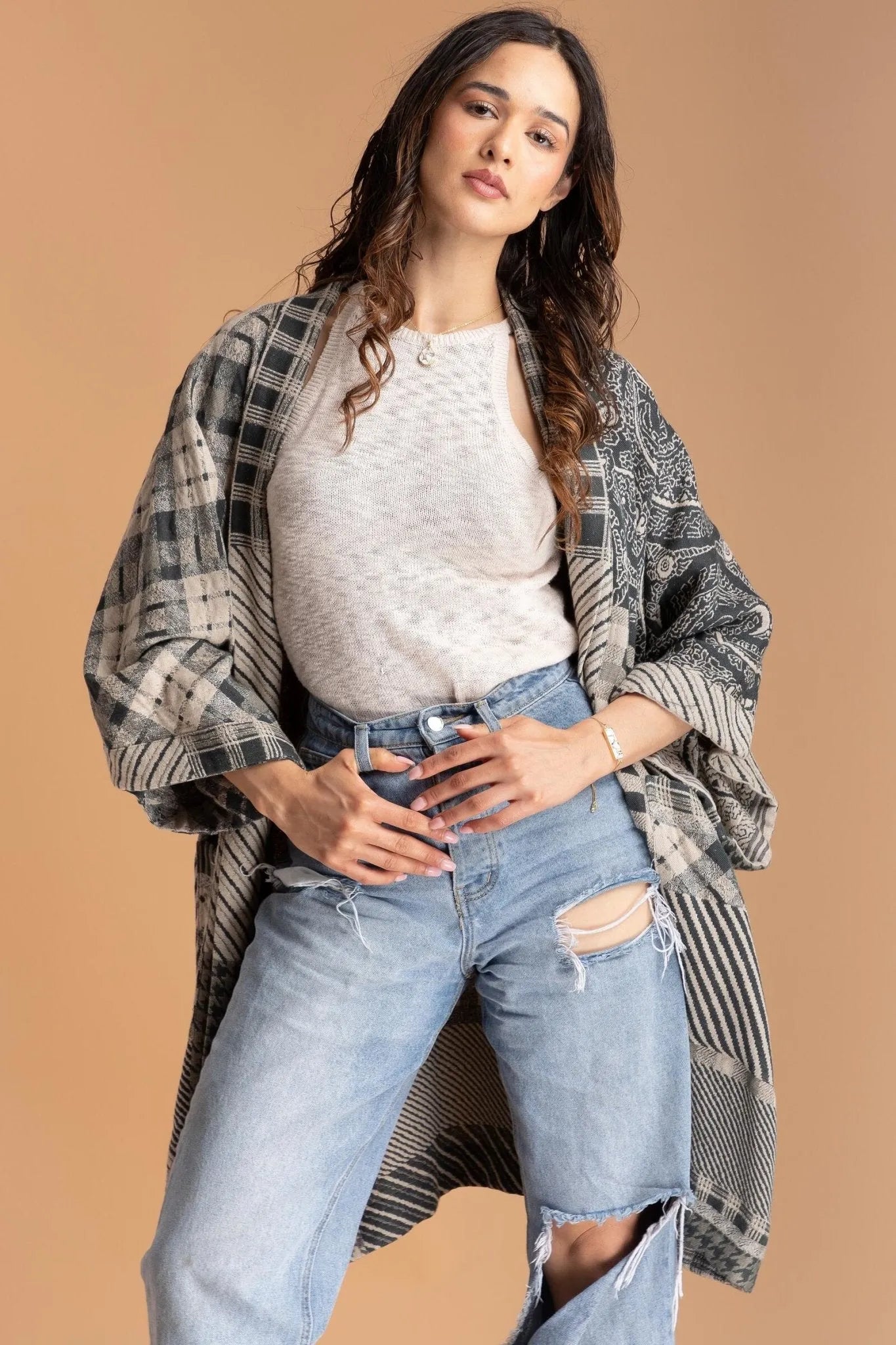 Stylish Mixed Plaid Pattern Long Jacket for Women - Trendy Fall Winter Coat with Pockets - Perfect for Office, Dating & Outdoor Activities