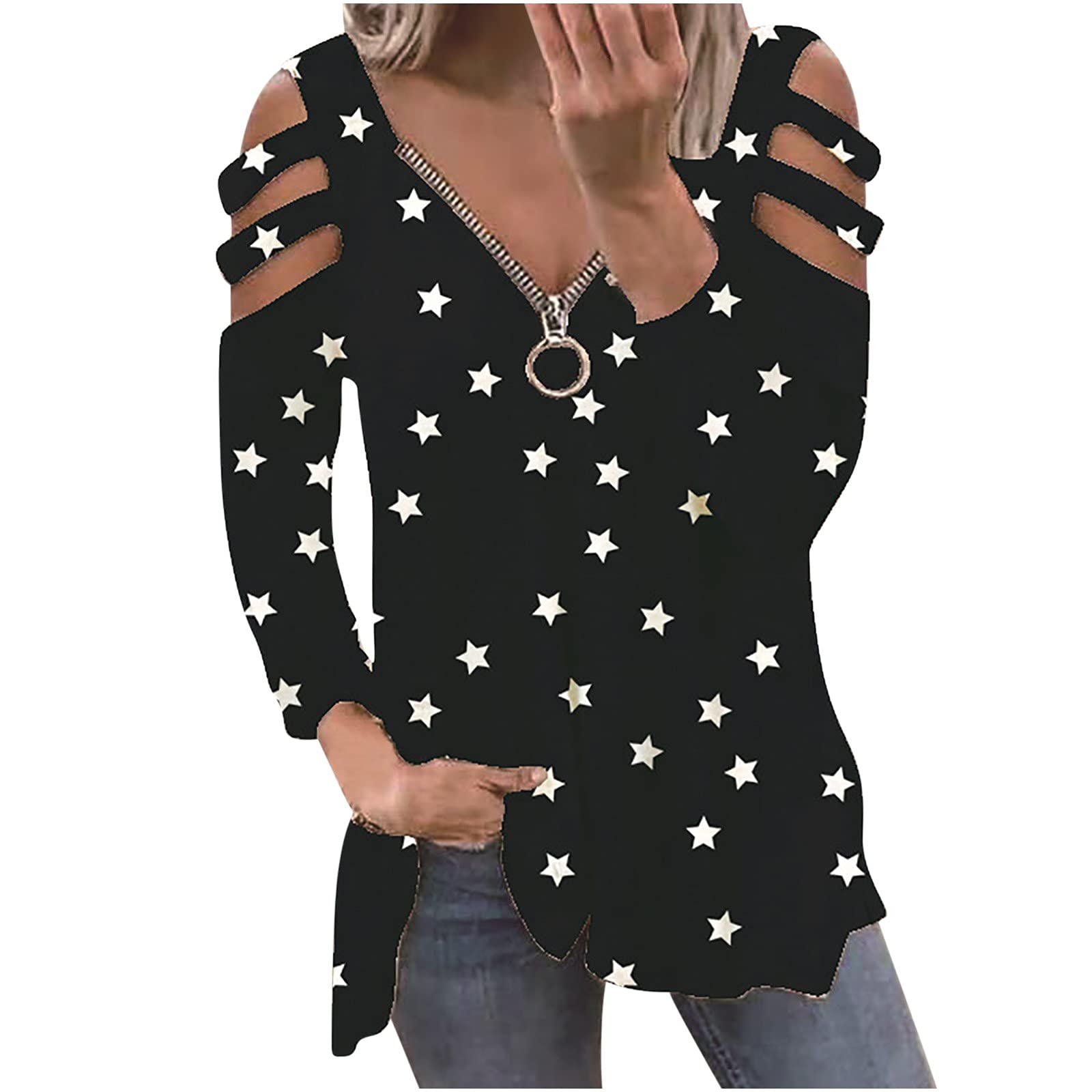 Trendy Women's Long Sleeve Zipper V-Neck Floral Print Hollow Out Casual T-Shirt & Polka Dot Blouse - Perfect for Work, Date Night & Everyday Wear