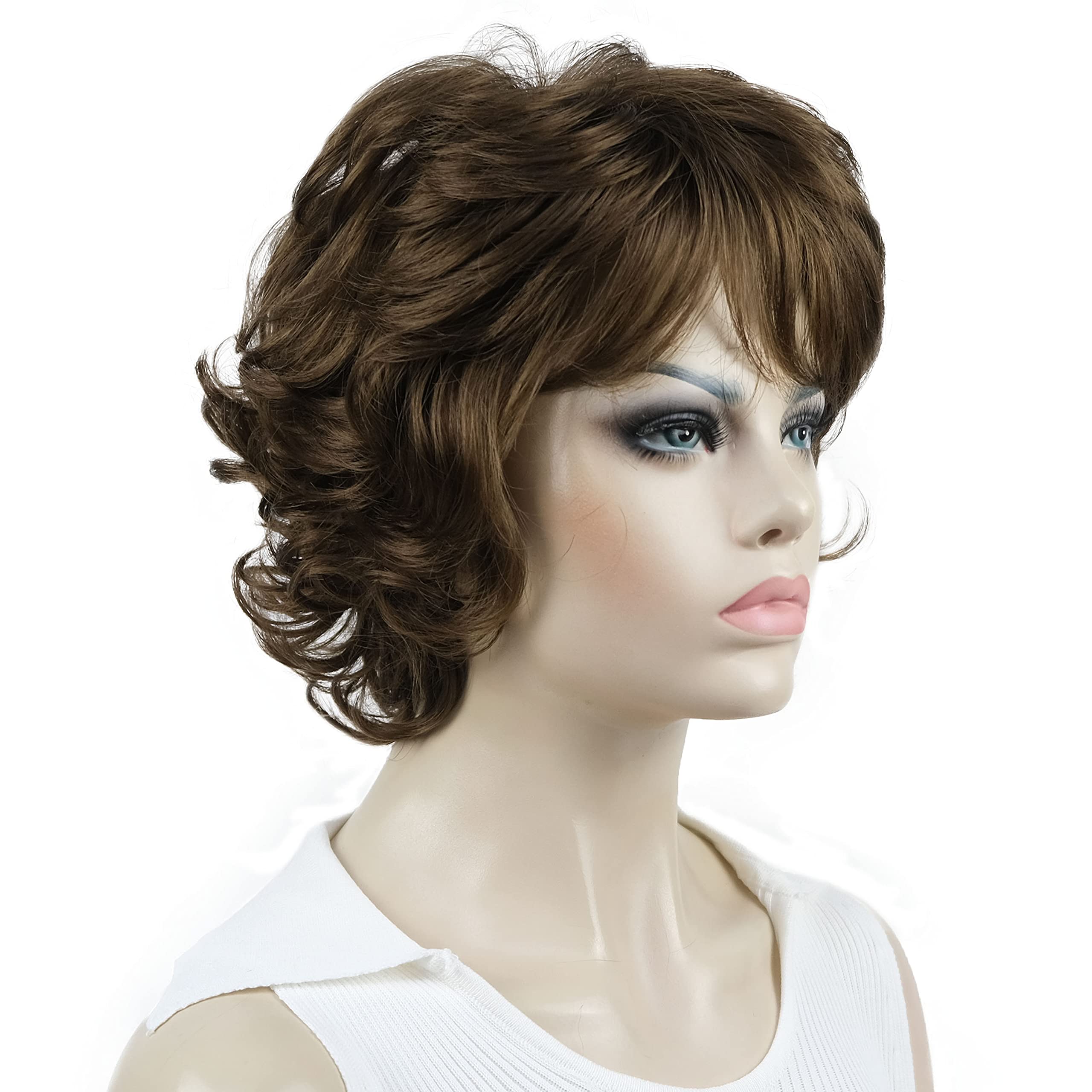 Aimole Short Curly Synthetic Wig for Women - Medium Golden Brown Layered Bangs Wig | Heat Resistant & Natural Look | Perfect for Cosplay, Daily Wear & Halloween Costumes