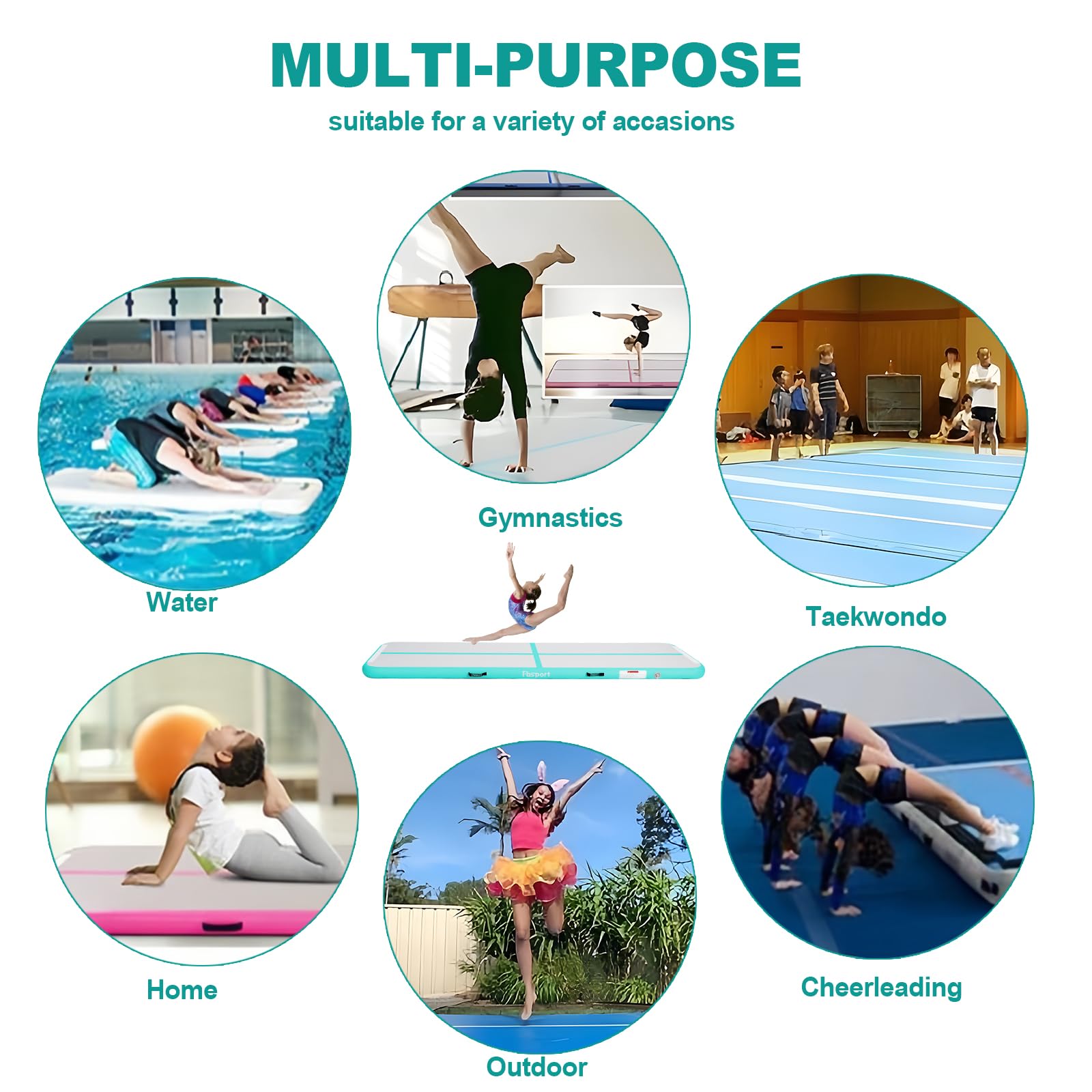 FBSPORT Inflatable Air Gymnastics Mat - 4/8 Inch Thick Training Mat for Home Gym, Cheerleading, Yoga & Water Exercises - Includes Air Pump - Perfect for Indoor/Outdoor Fitness & Kids Play
