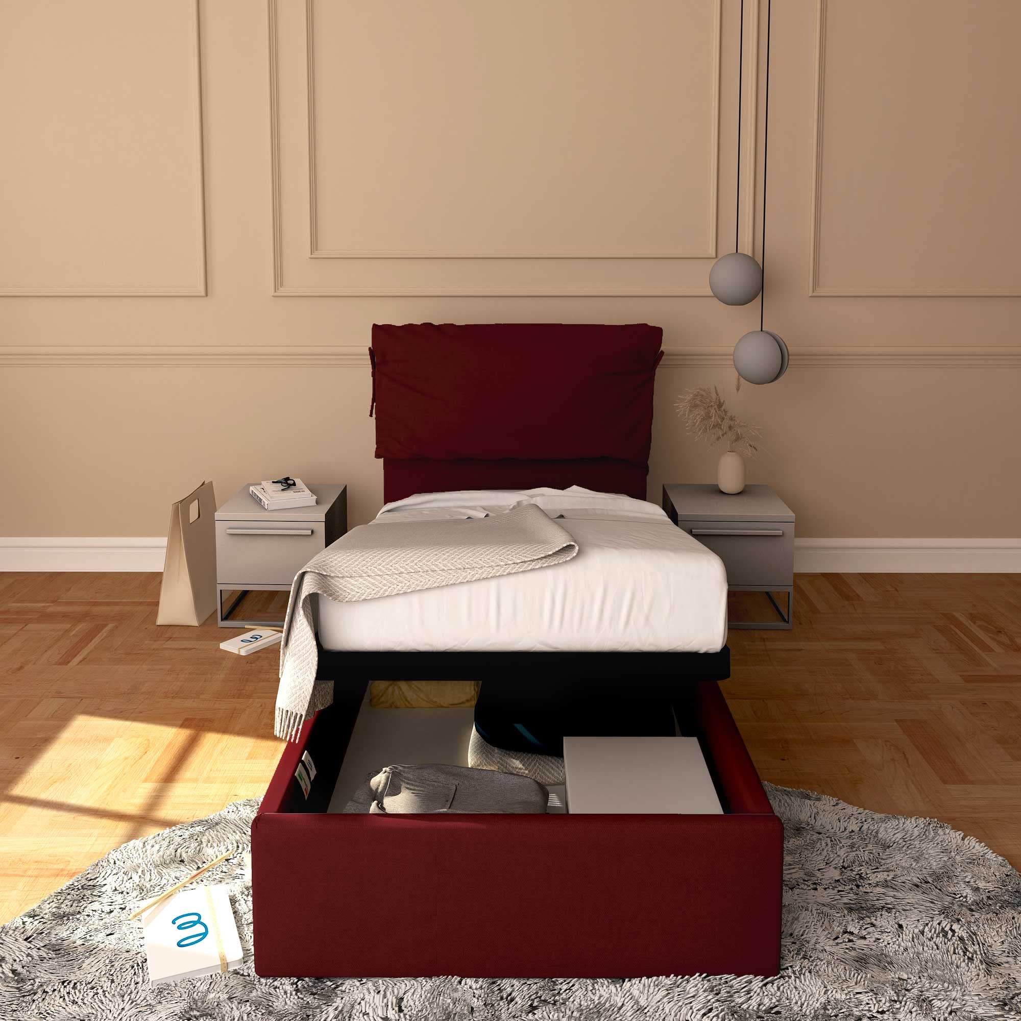Baldiflex Single Bed with Storage - Licia Soft Synthetic Leather Upholstery, Slatted Base for Single Mattress, 90 x 200 cm, Padded Headboard, Bordeaux Red - Perfect for Small Bedrooms, Guest Rooms & Studio Apartments