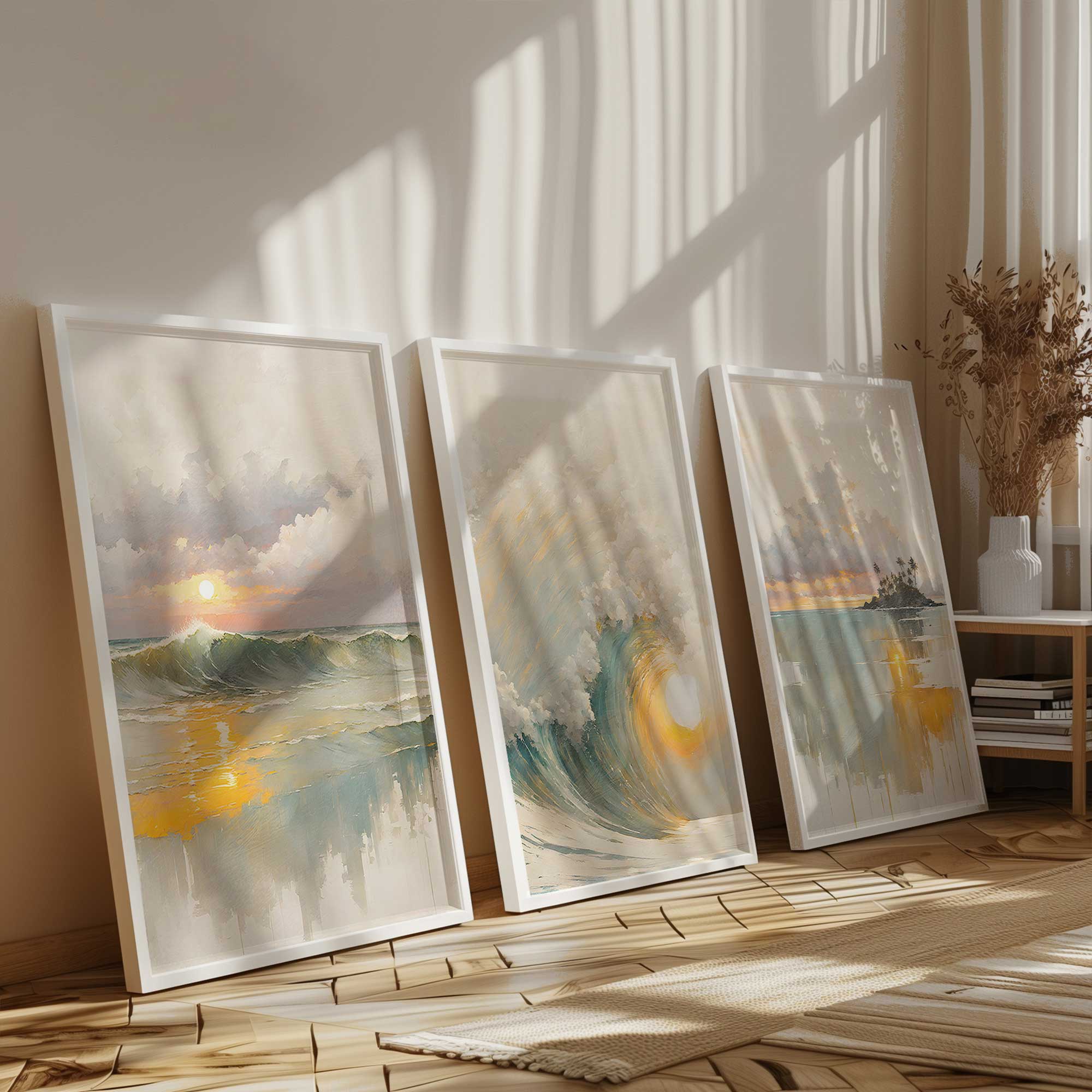 Golden Waves at Sunset - Set of 3 Framed Ocean Wall Art Prints for Beach House Decor, Living Room, Bedroom & Office