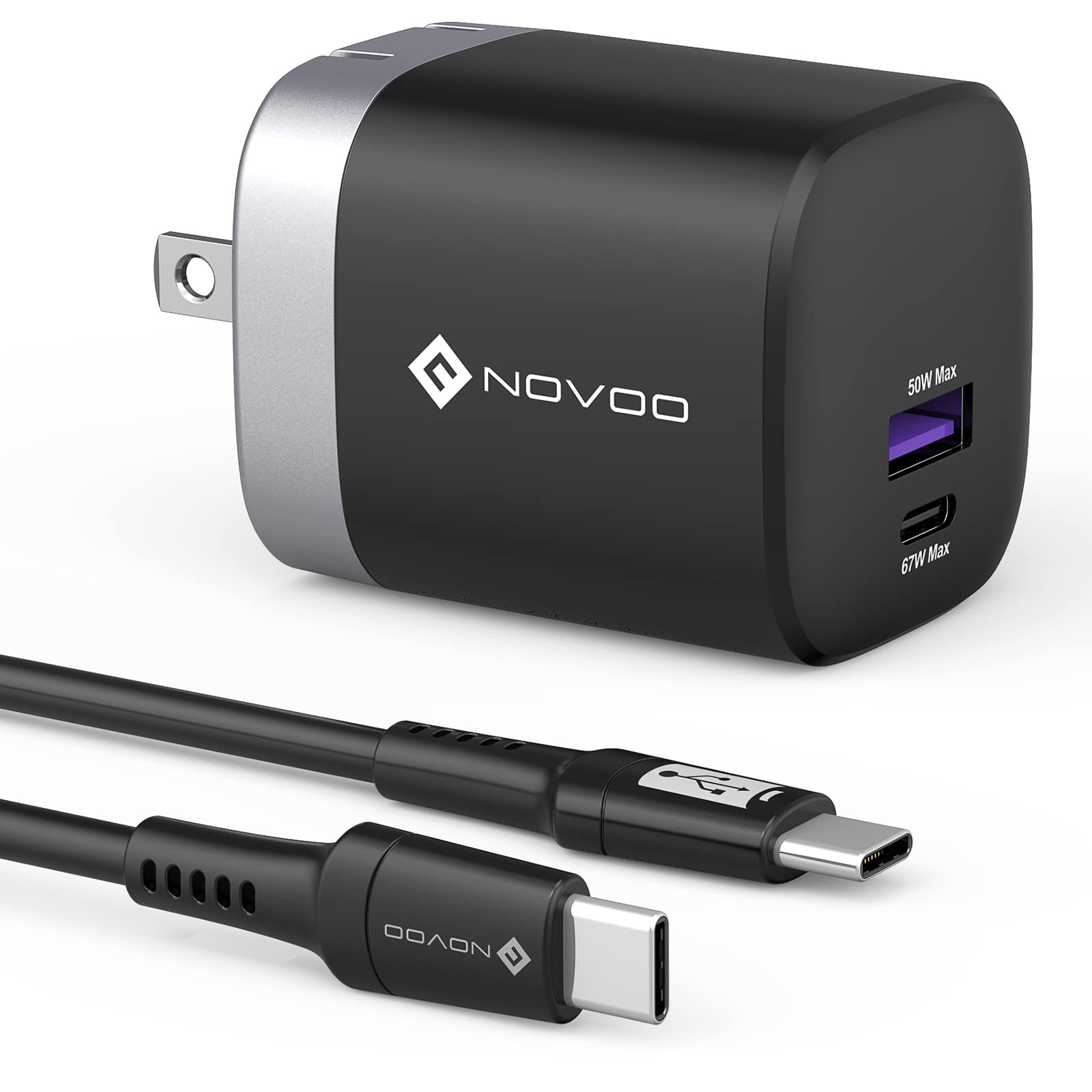 NOVOO 67W GaN Fast Charger with 2-Port USB C PD - Compact Wall Charger for MacBook Pro/Air, iPad Pro, Pixel 7, Dell XPS 13, iPhone 14, Galaxy S23 (Black) | Perfect for Travel, Office & Home Use