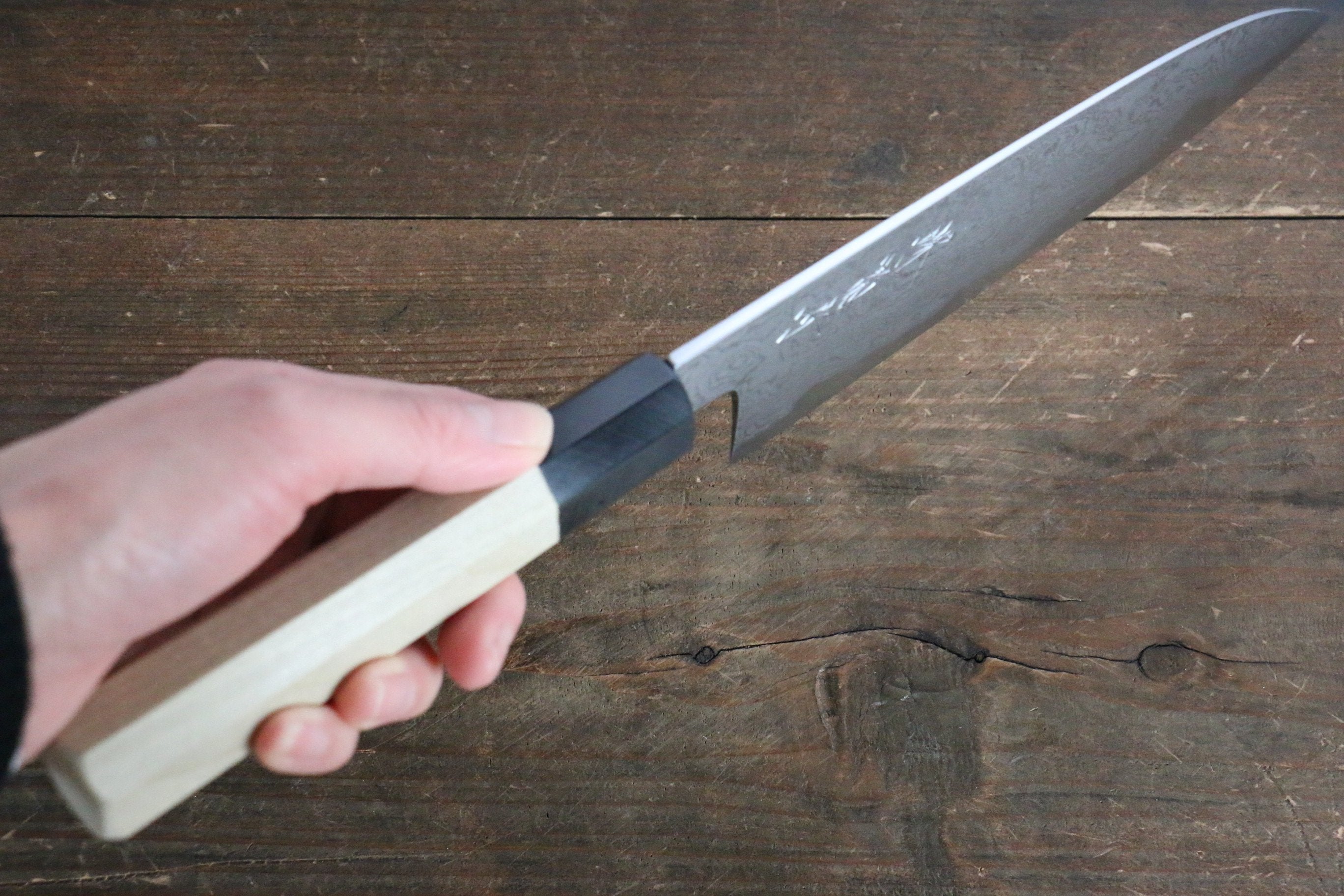 Premium Kikumori Blue Steel No.1 Damascus Santoku Knife 180mm with Magnolia Wood Handle - Japanese Chef Knife for Slicing, Dicing & Chopping Vegetables, Meat & Fish
