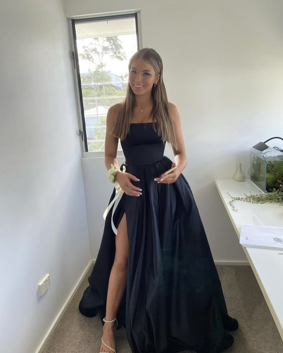 Elegant Black Satin A-Line Strapless Evening Gown with Thigh High Slit - Perfect for Prom, Cocktail Parties & Formal Events - Style J6141