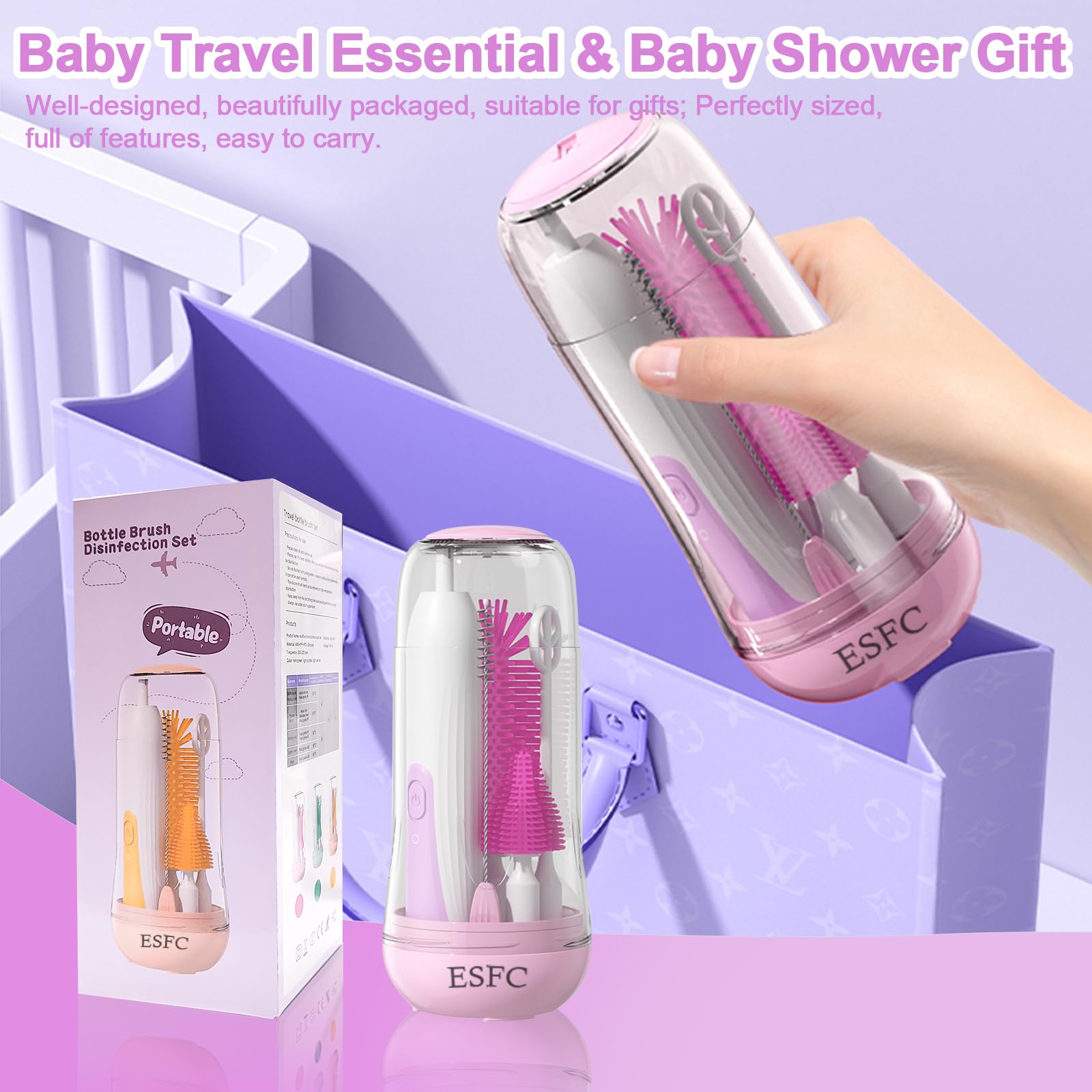 Portable Electric Baby Bottle Brush Set with Nipple & Straw Brush, Milk Frother & Drying Base - IPX7 Waterproof, Rechargeable Travel Cleaning Kit (Purple) - Perfect for Travel, Home & On-the-Go Baby Bottle Cleaning