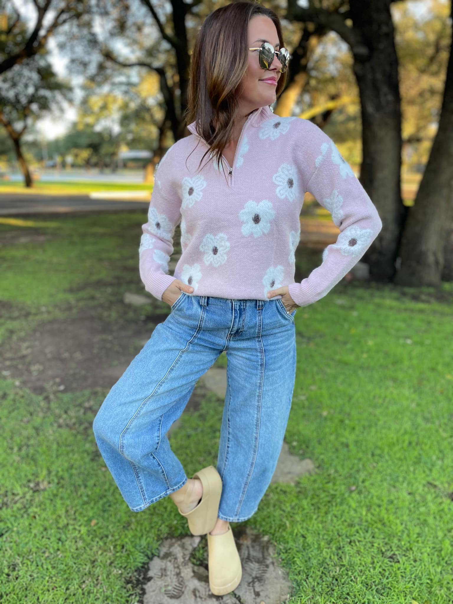 PREORDER: Stylish Flower Powered Half Zip Sweater for Women - 4 Trendy Colors | Perfect for Casual Outfits, Spring Layering & Outdoor Activities