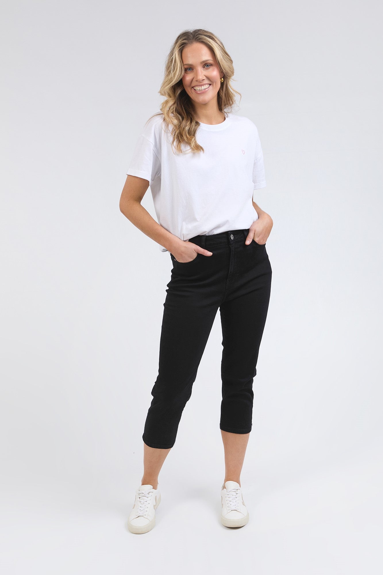 Elm Mollie Capri Jeans - Black Wash Distressed Denim Pants for Women | Casual Summer Outfit & Boho Style