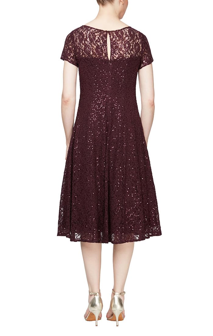 Elegant S.L. Fashions Women's Short Sleeve Sequin & Lace Tea-Length Wedding Dress for Mother of The Bride - Petite & Regular Sizes - Perfect for Weddings, Formal Events & Special Occasions