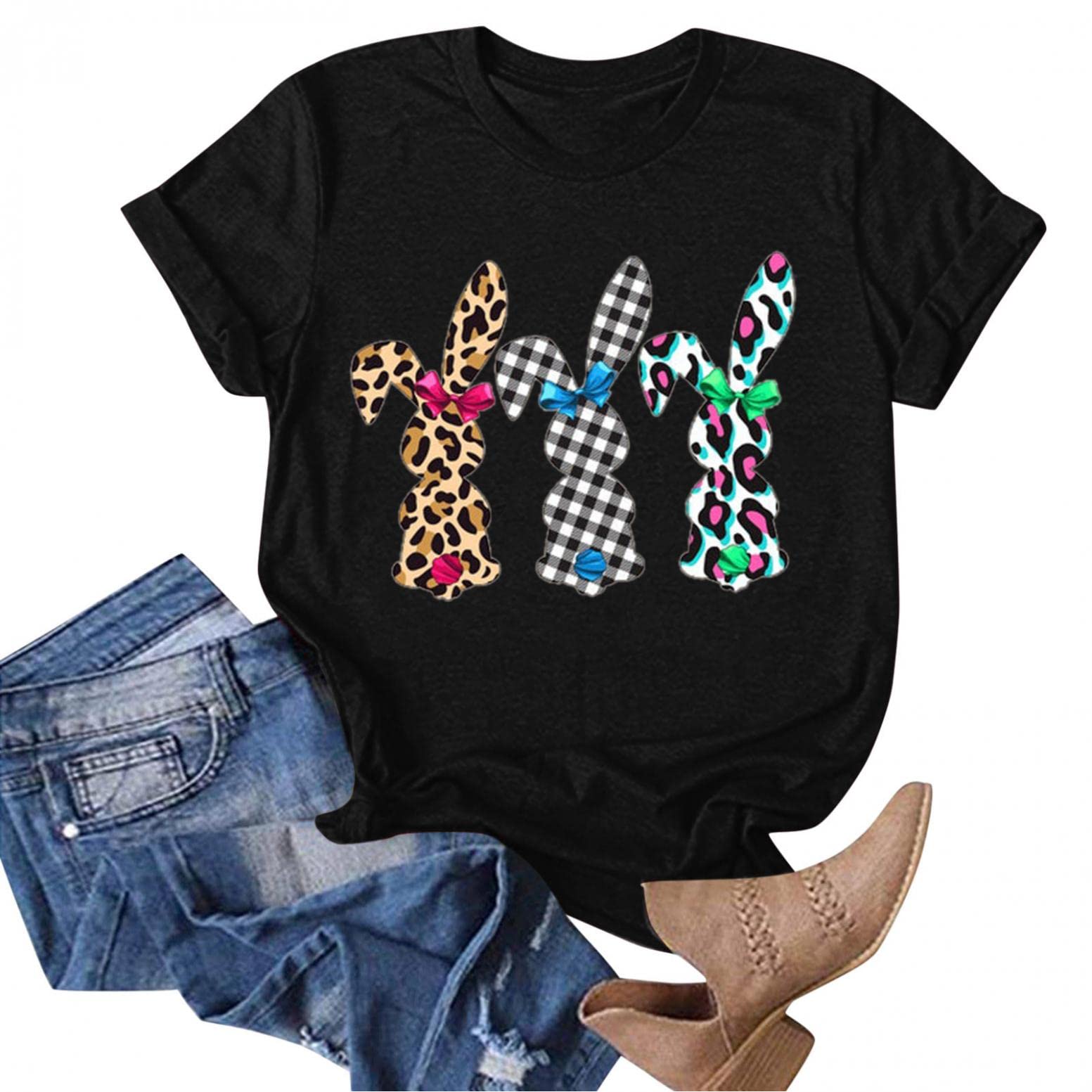 Funny Bunny Print Easter T-Shirt for Women - Cute Graphic Tee with Short Sleeves, Summer Tunic Blouse - Perfect for Easter Celebrations, Spring Outings & Casual Wear