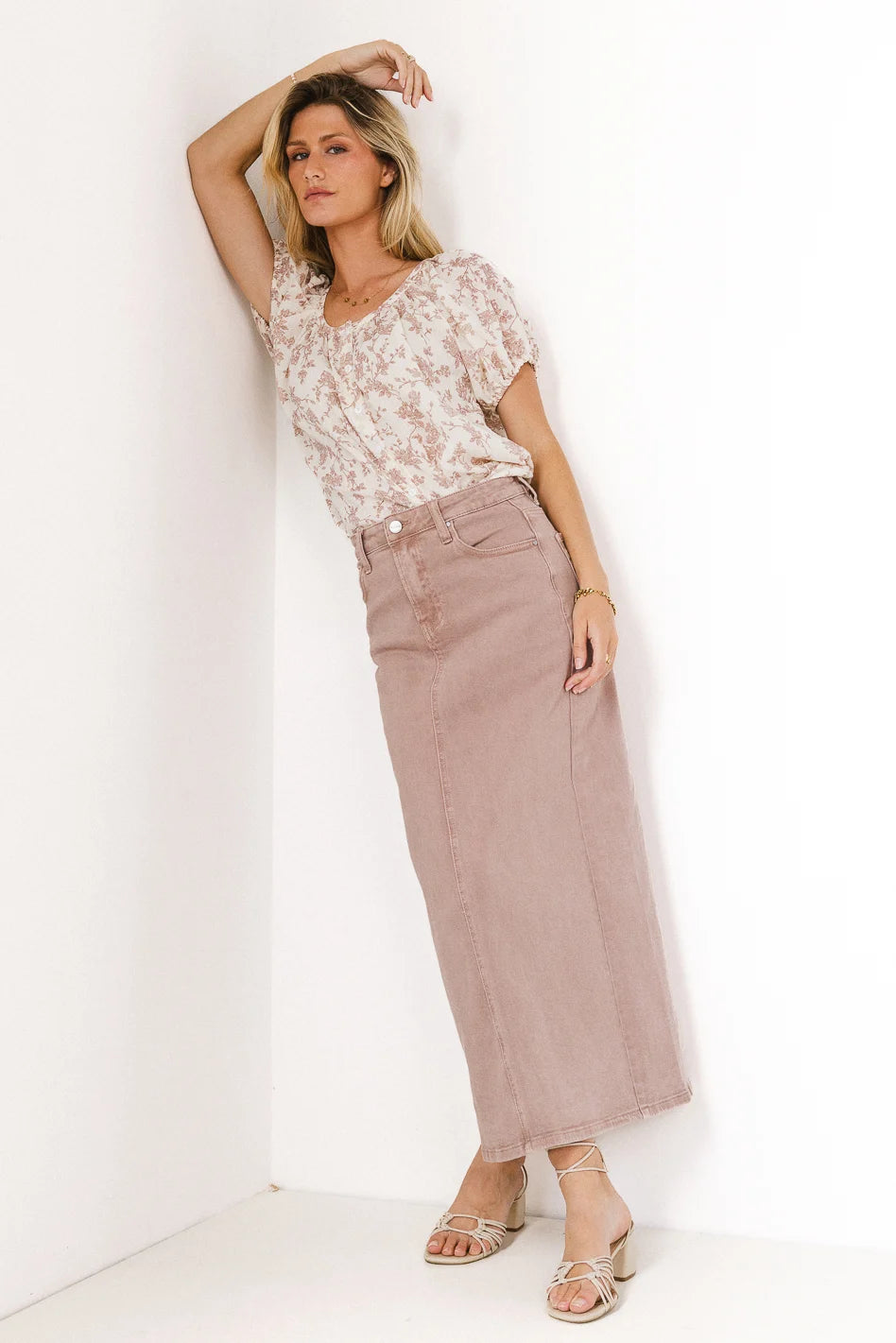 Harley Denim Midi Skirt in Mauve - Women's Vintage Style A-Line Skirt for Casual & Office Wear - FINAL SALE