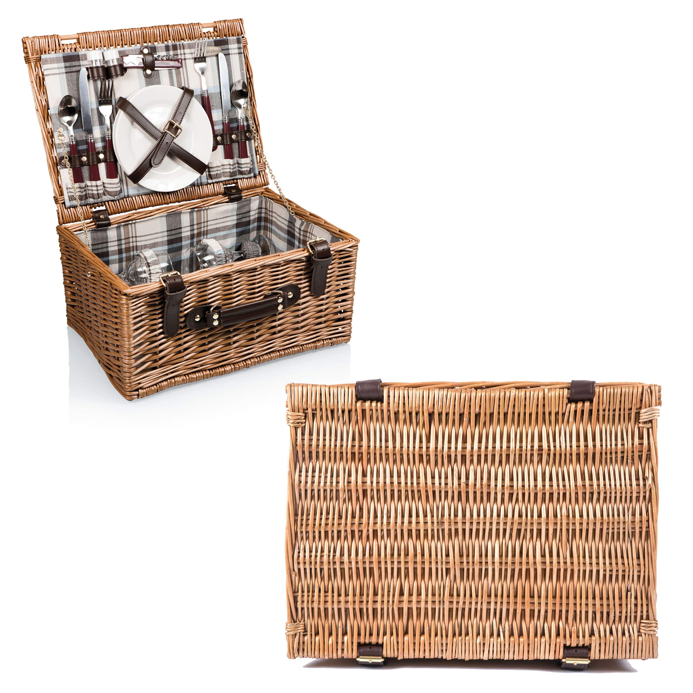 PICNIC TIME - Bristol Wicker Picnic Basket for 2 with Navy Blue & Burgundy Plaid Pattern - Complete Picnic Set for Couples | Perfect for Romantic Outdoors, Beach Dates, and Park Picnics
