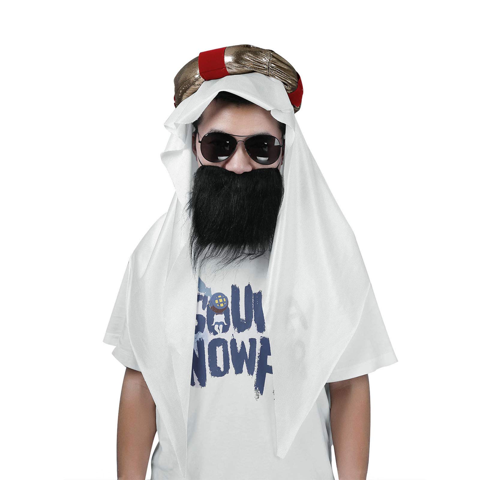 YiZYiF Men's Arabic Muslim Head Scarf with Mustache & Aqal Rope - Middle Eastern Desert Headwear for Islamic Prayer, Hajj, and Cultural Costume Accessories