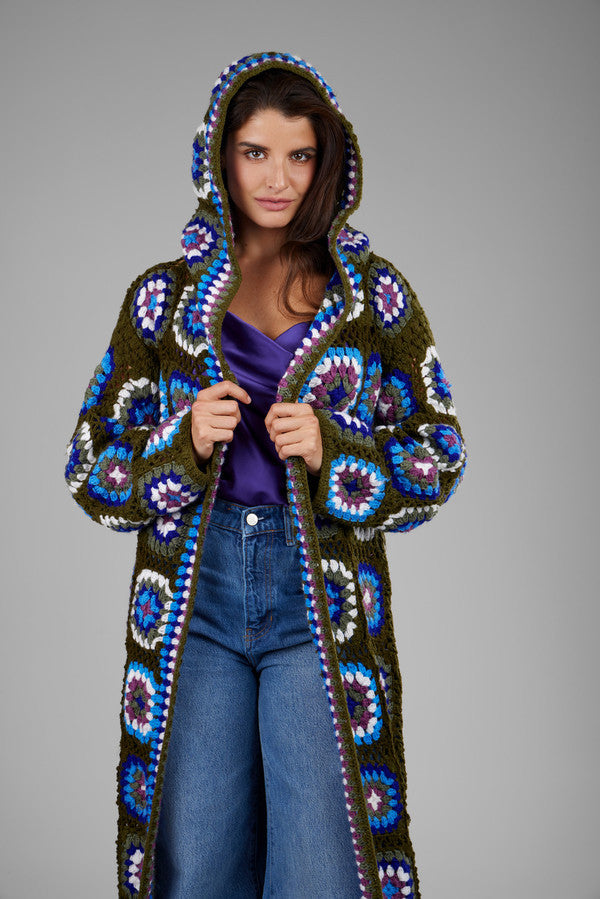Crochet Wool Hooded Kimono Long Cardigan - Soft Chunky Knit Open Front Sweater for Women | Perfect for Fall, Winter, and Cozy Home Wear