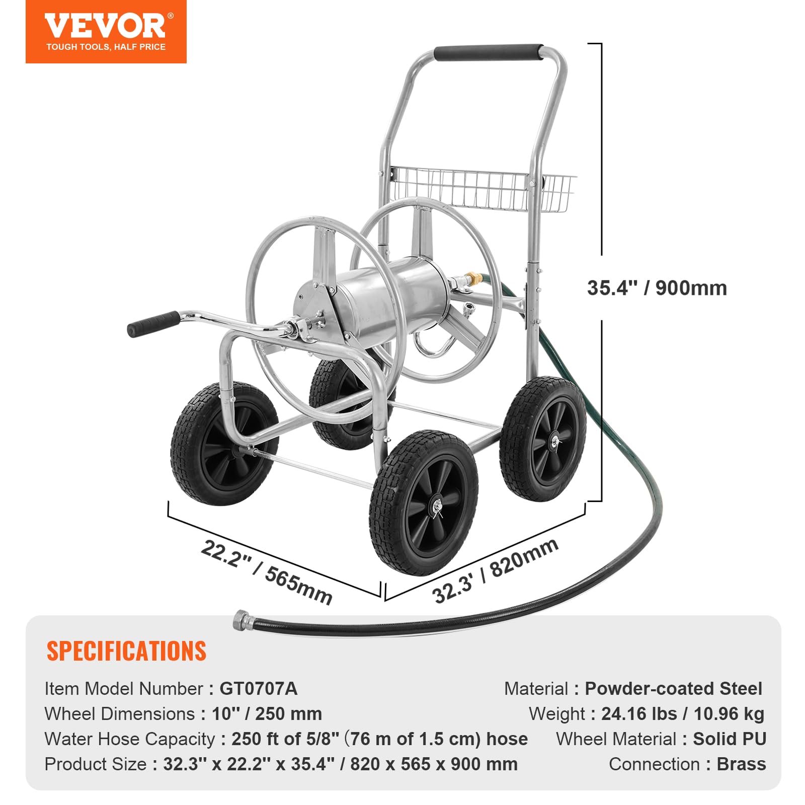 VEVOR Heavy Duty Garden Hose Reel Cart with 4 Wheels - Holds 250 ft of 5/8